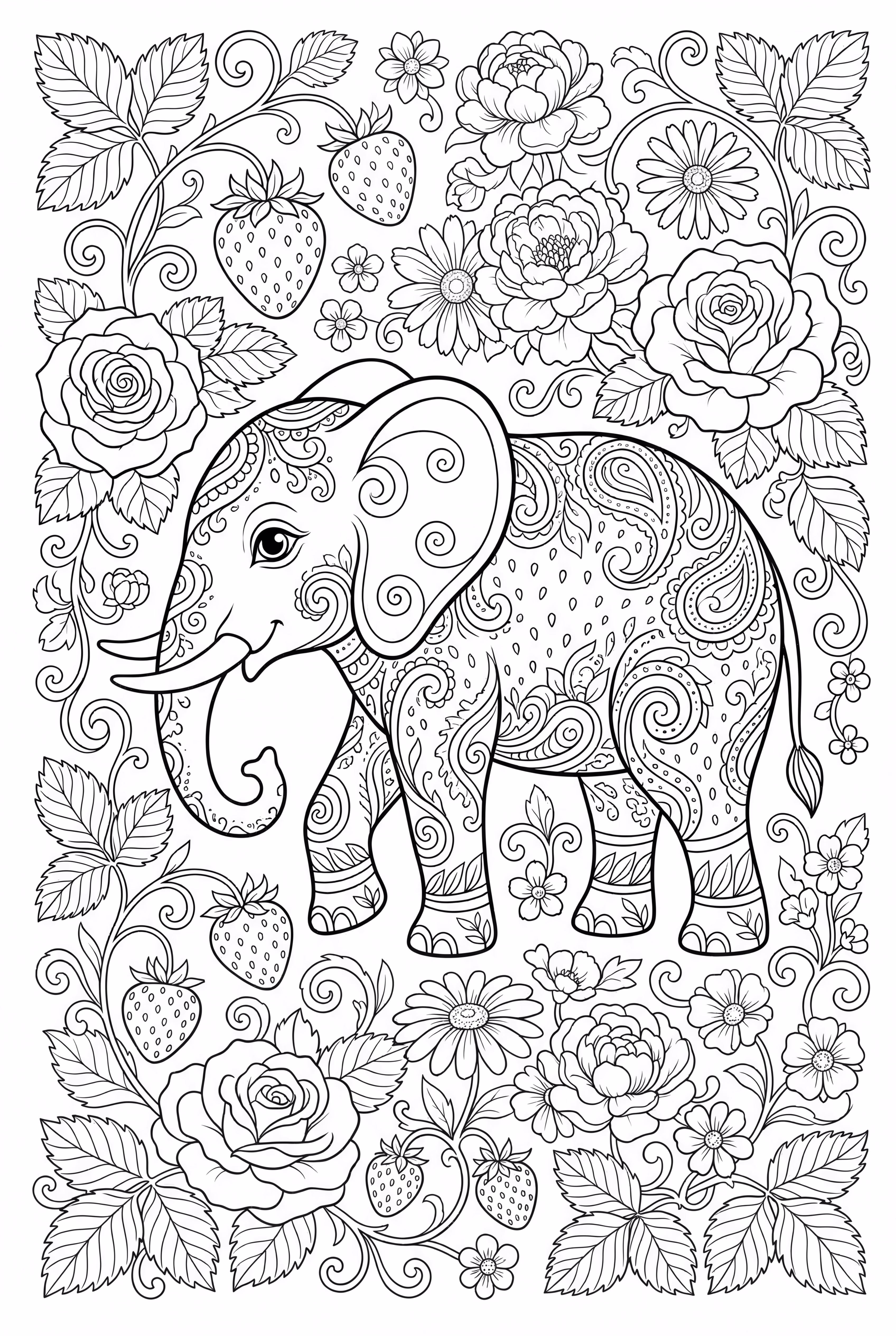 Éléphant Fraise dans un Paysage de Jardin Détaillé