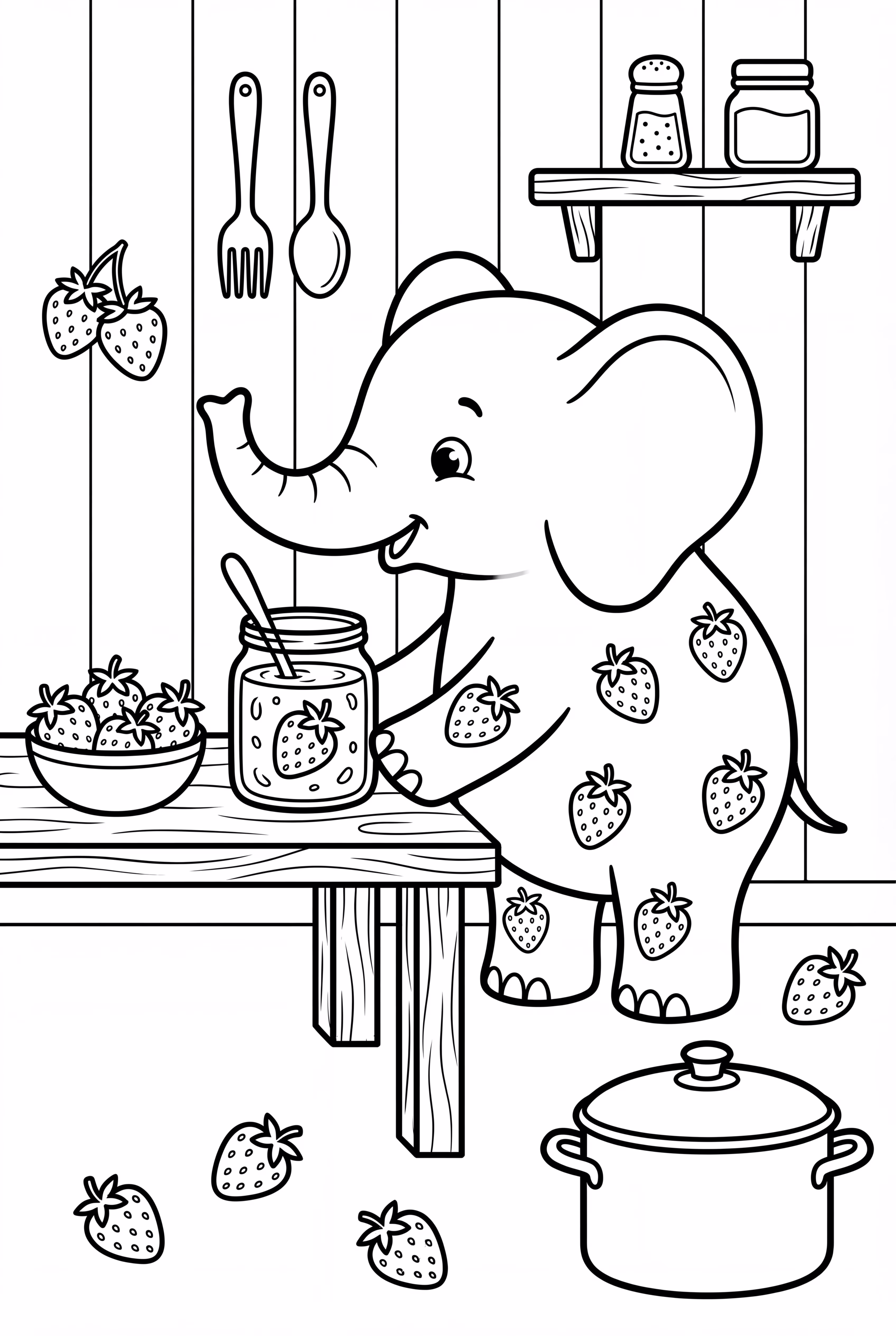 Elefante de fresa haciendo mermelada de fresa