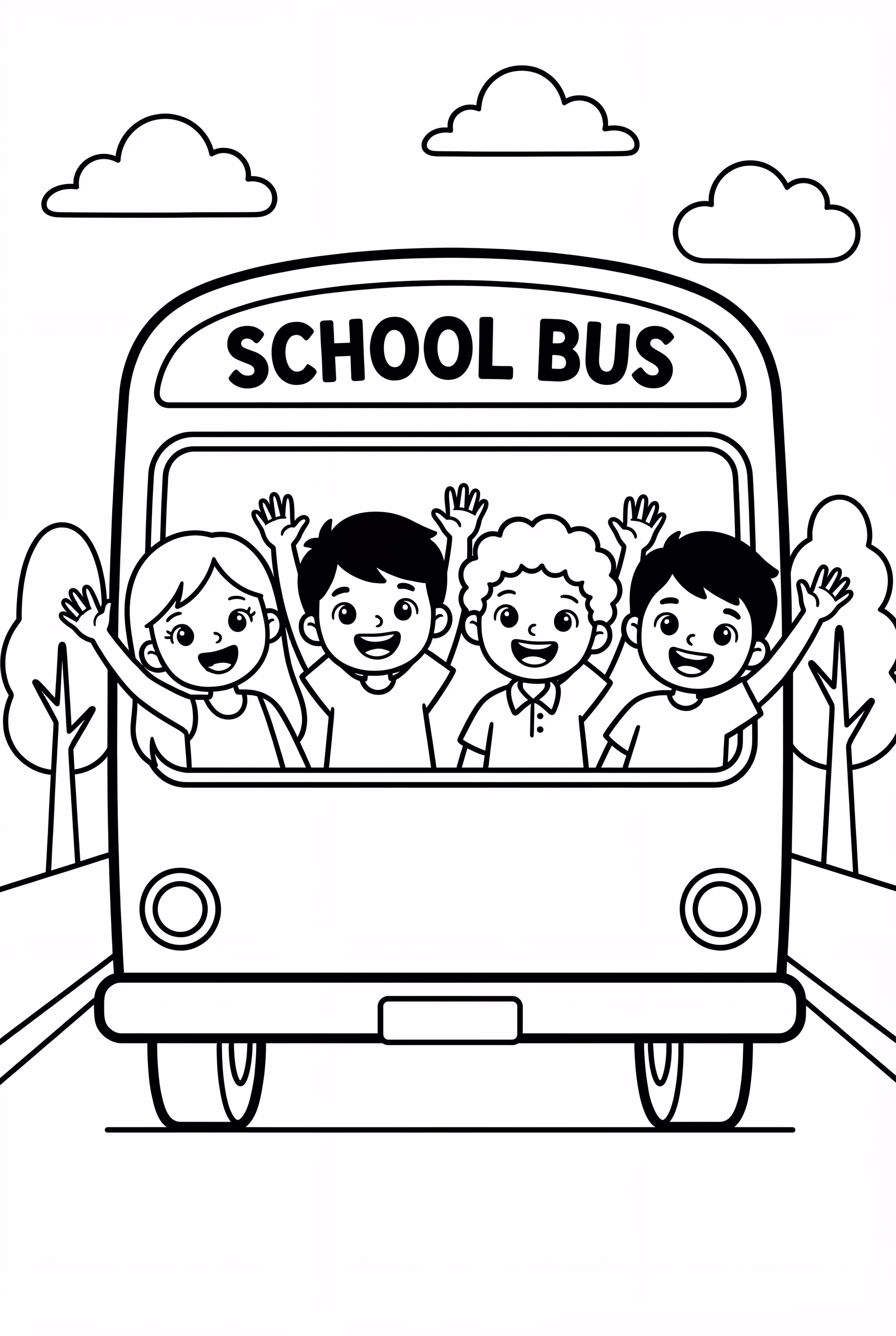 Students Waving From The Back To School Bus