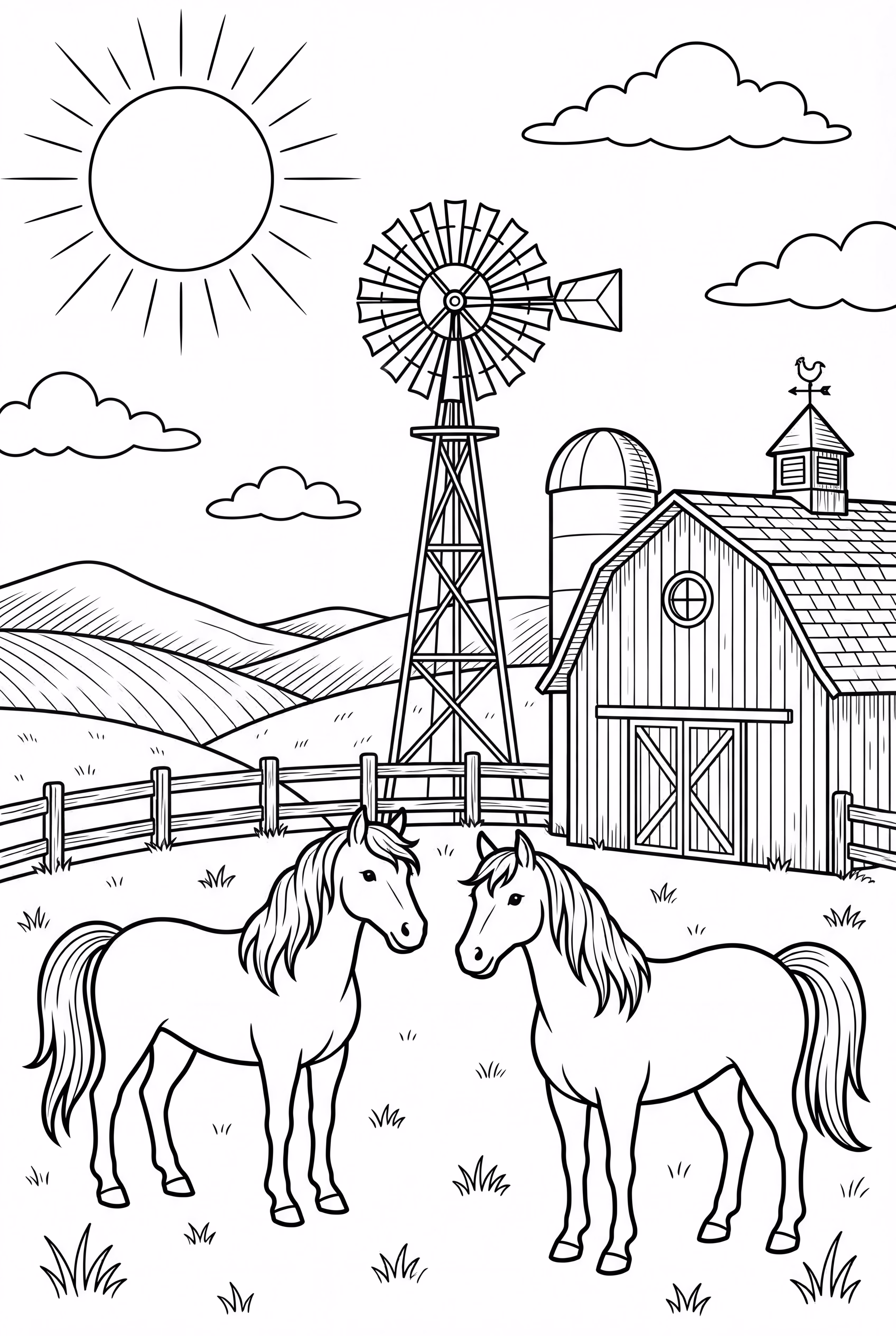 Sunset Farm with Horses and Windmill