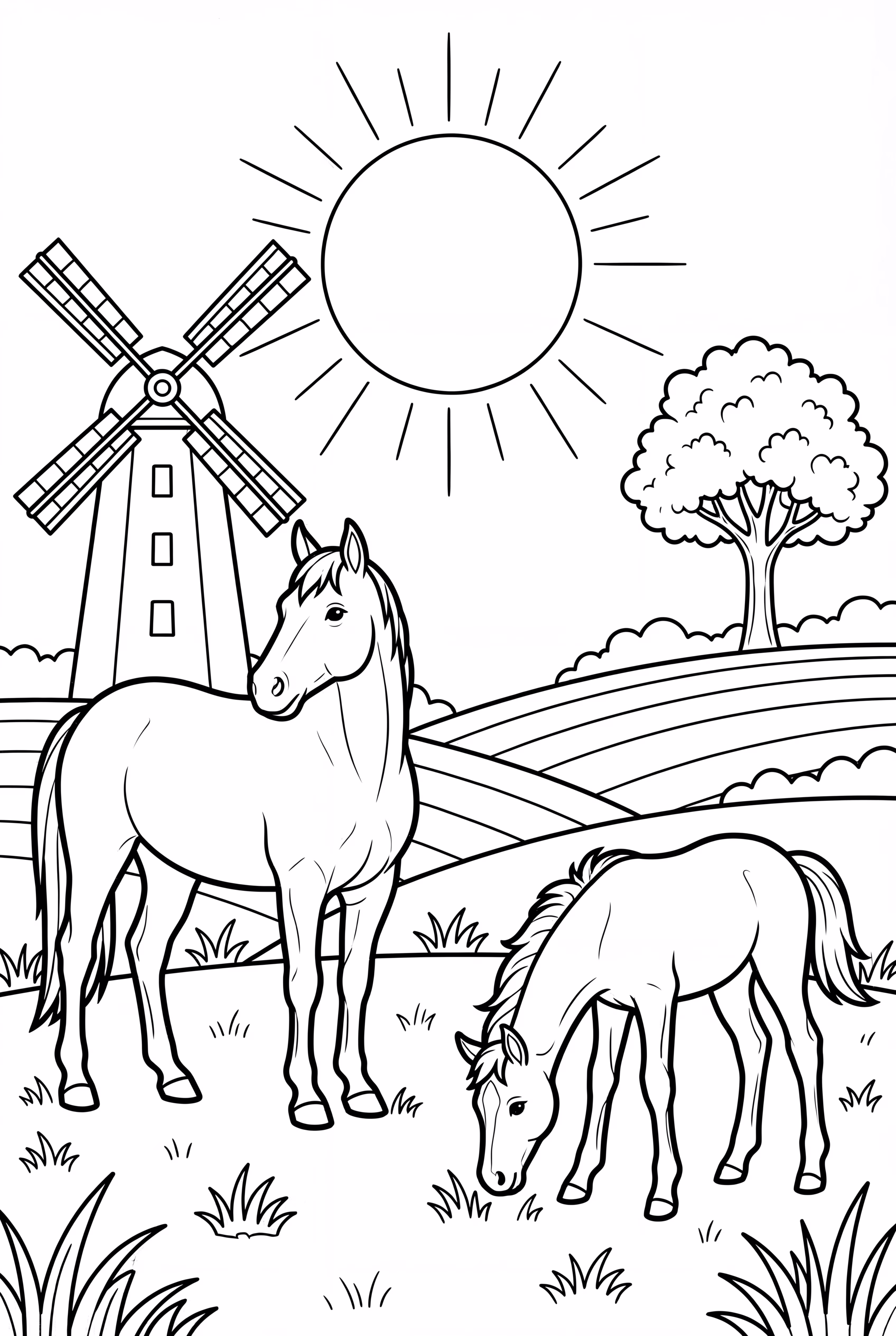 Sunset Farm with Horses and Windmill