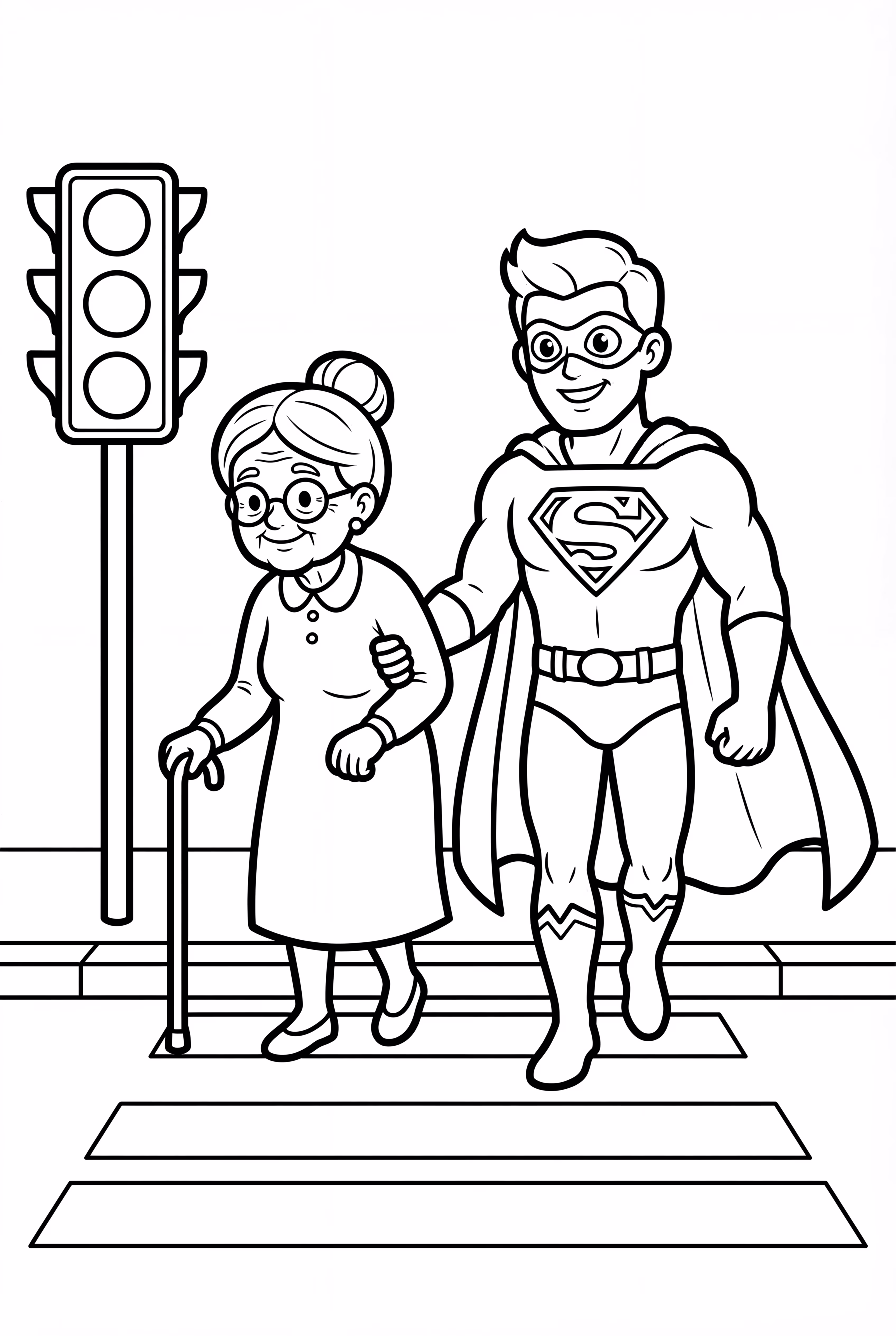 Superhero Helping An Old Lady Cross Street