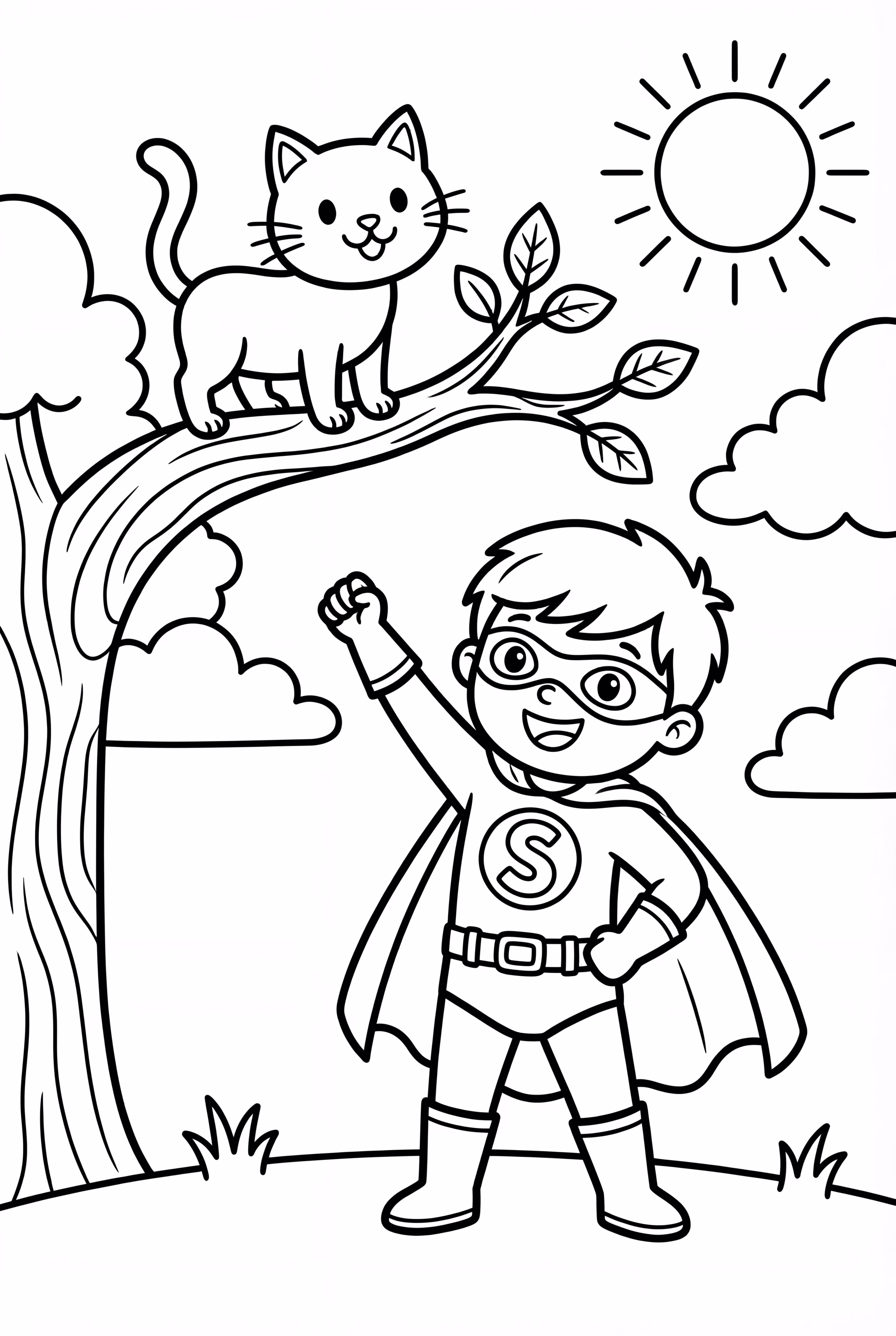 Super-herói Salvando um Gato de uma Árvore