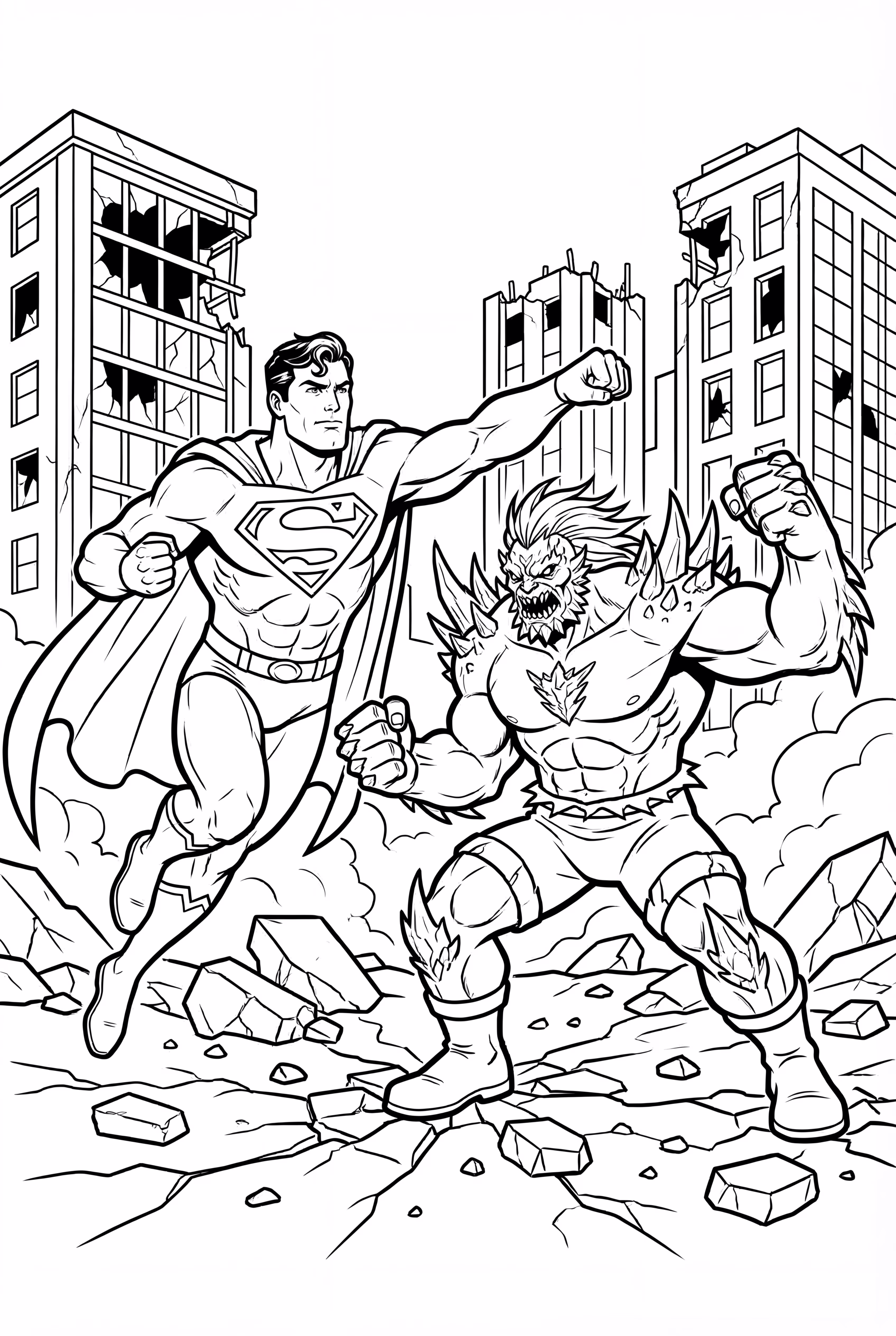 Superman Battling Doomsday In A Wrecked City