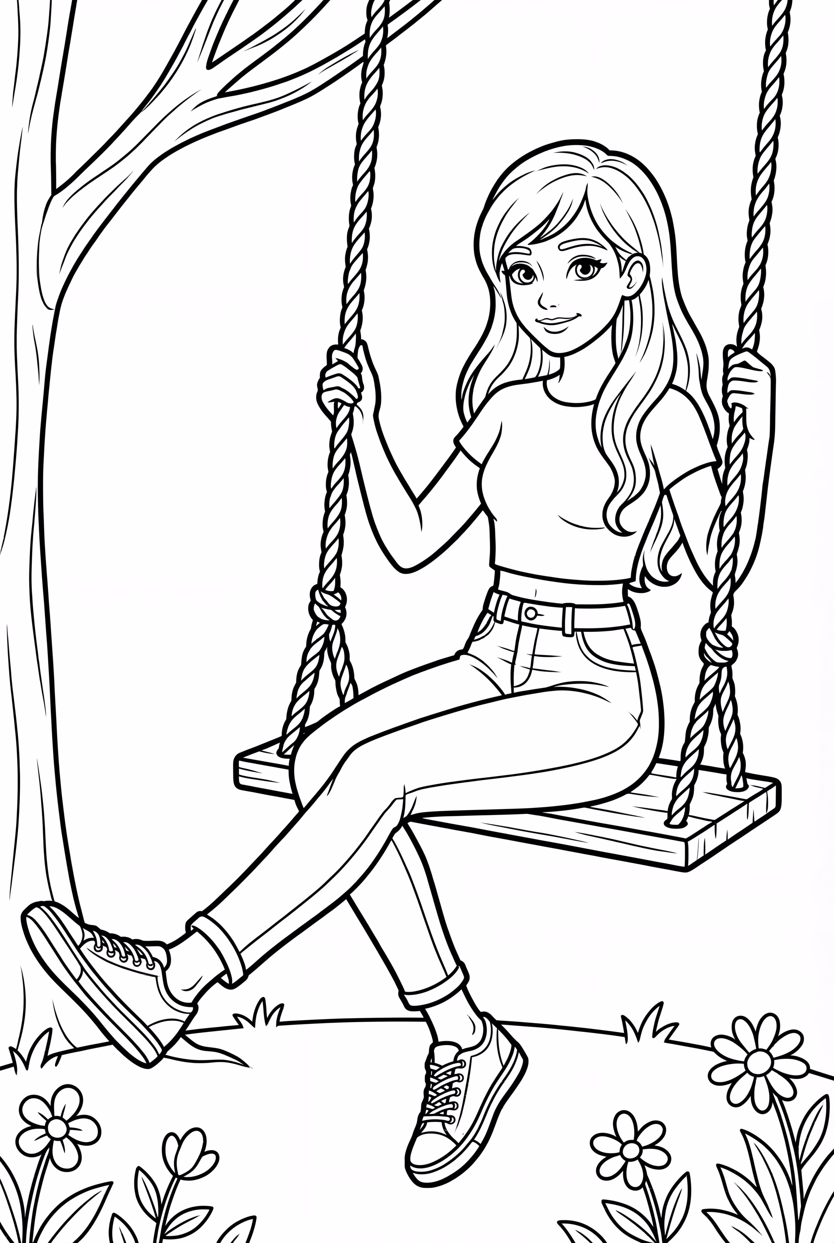 Taylor Swift assise sur une balançoire dans un jardin