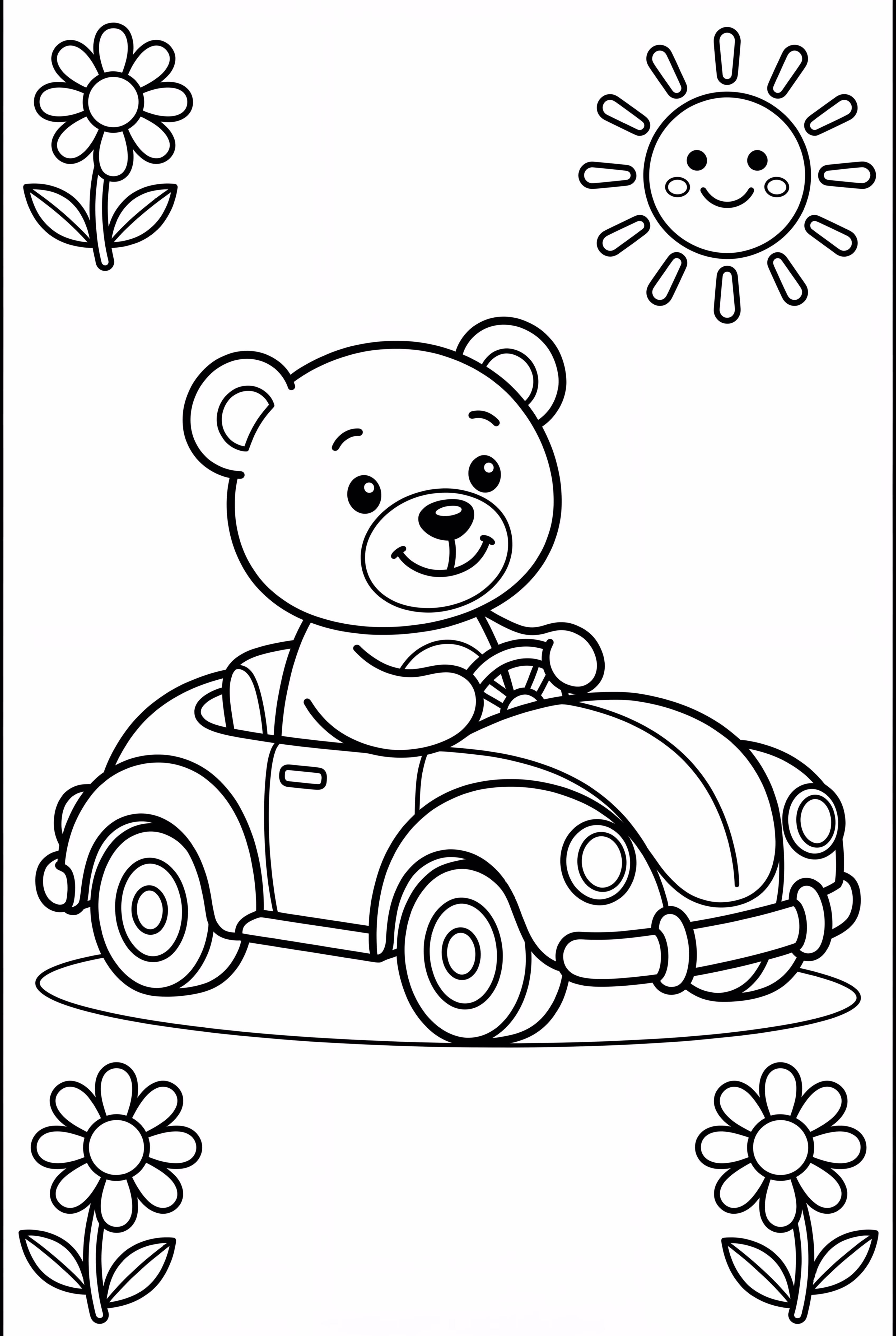 테디베어가 작은 장난감 자동차를 운전해요