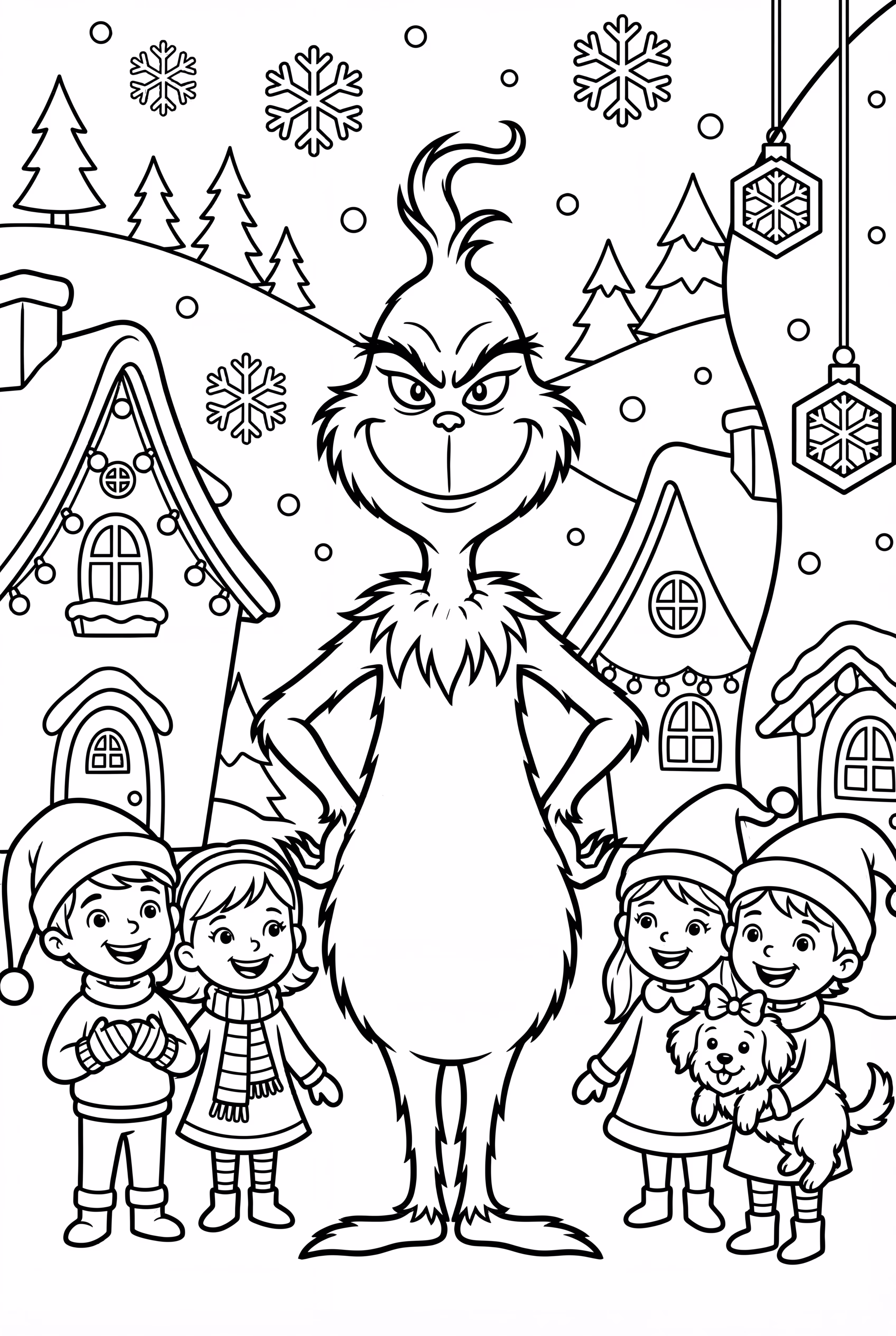 The Grinch smiling with Whoville citizens