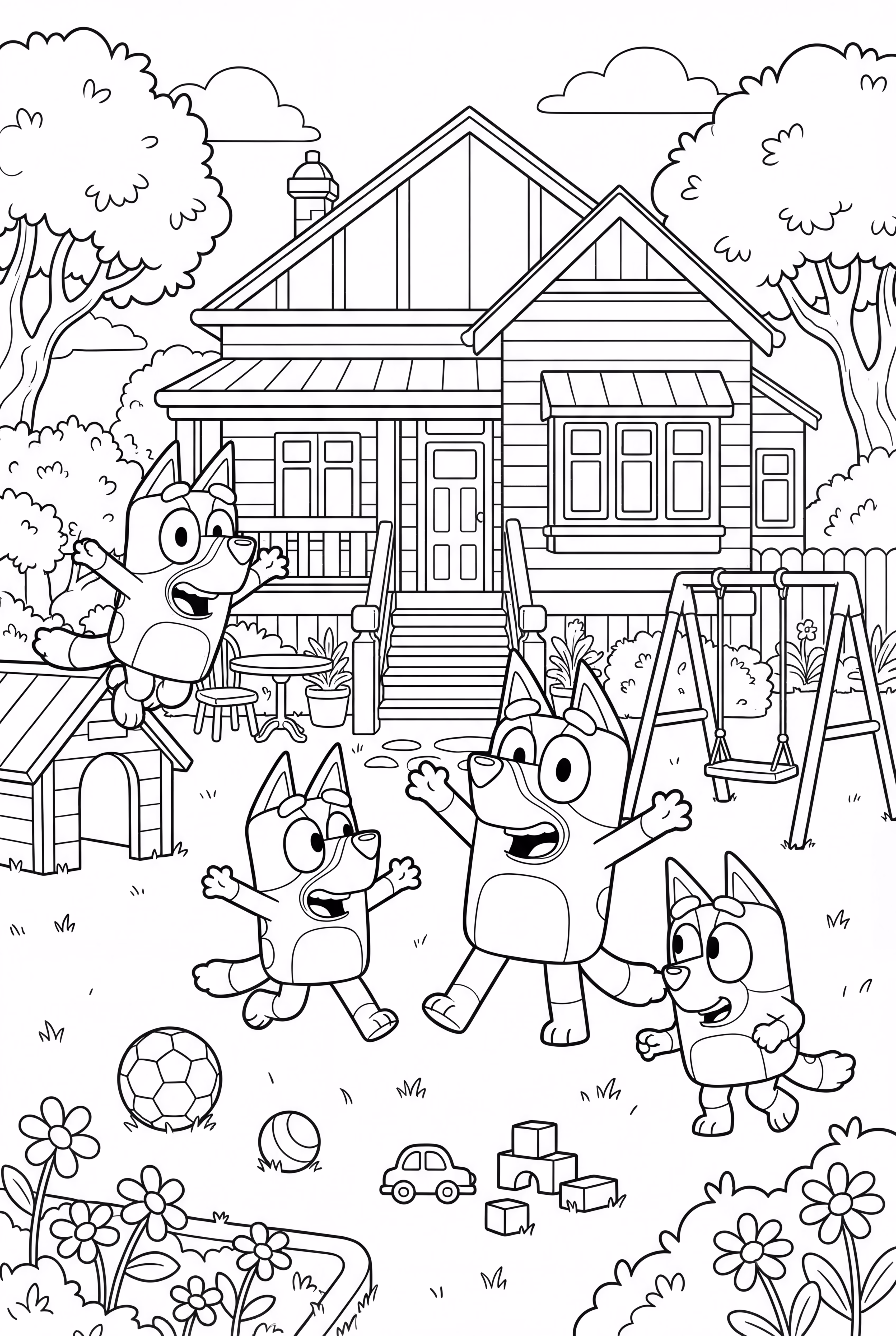 La cour arrière de la maison Heeler avec Bluey et sa famille
