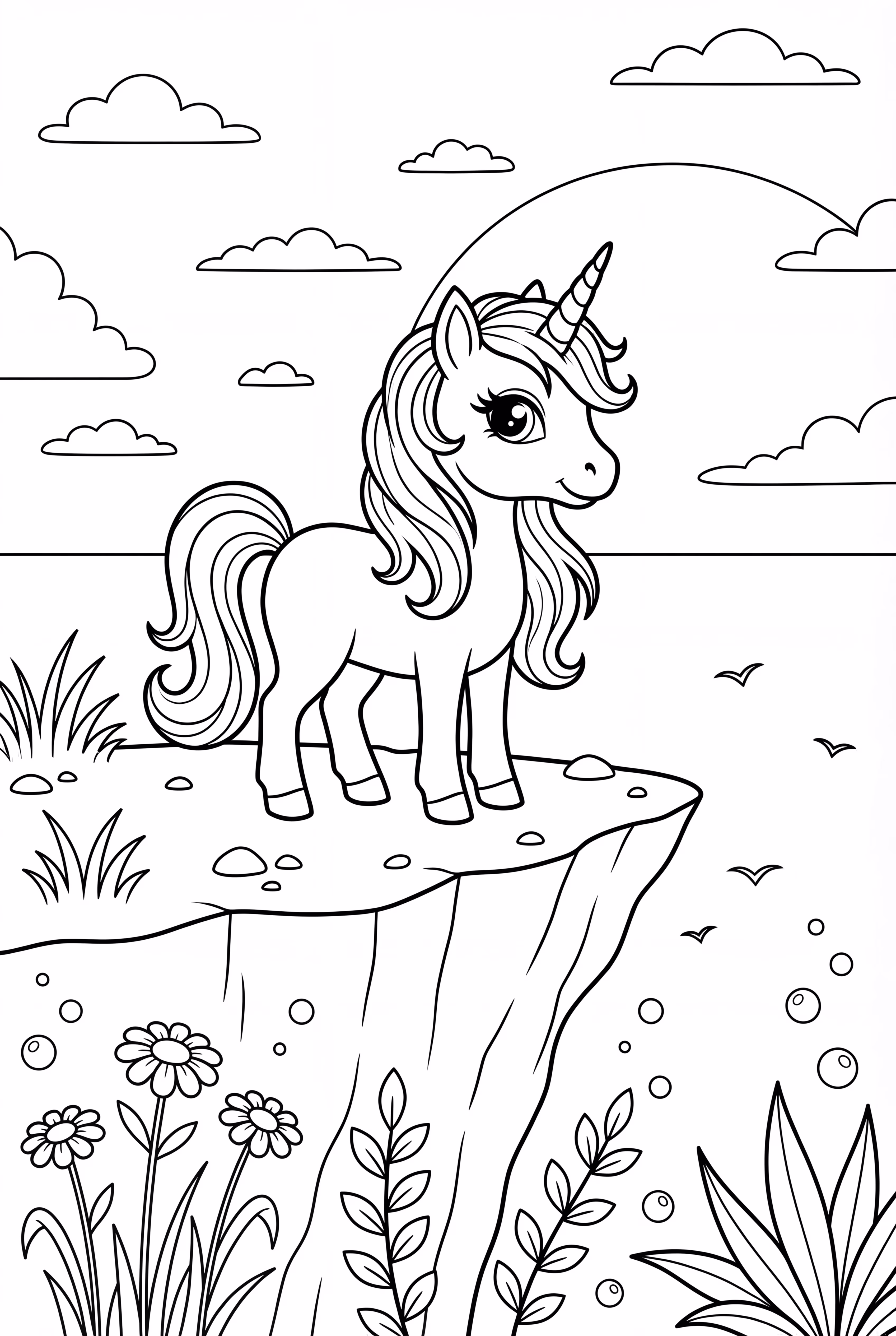 el último unicornio de pie en un acantilado durante la puesta de sol