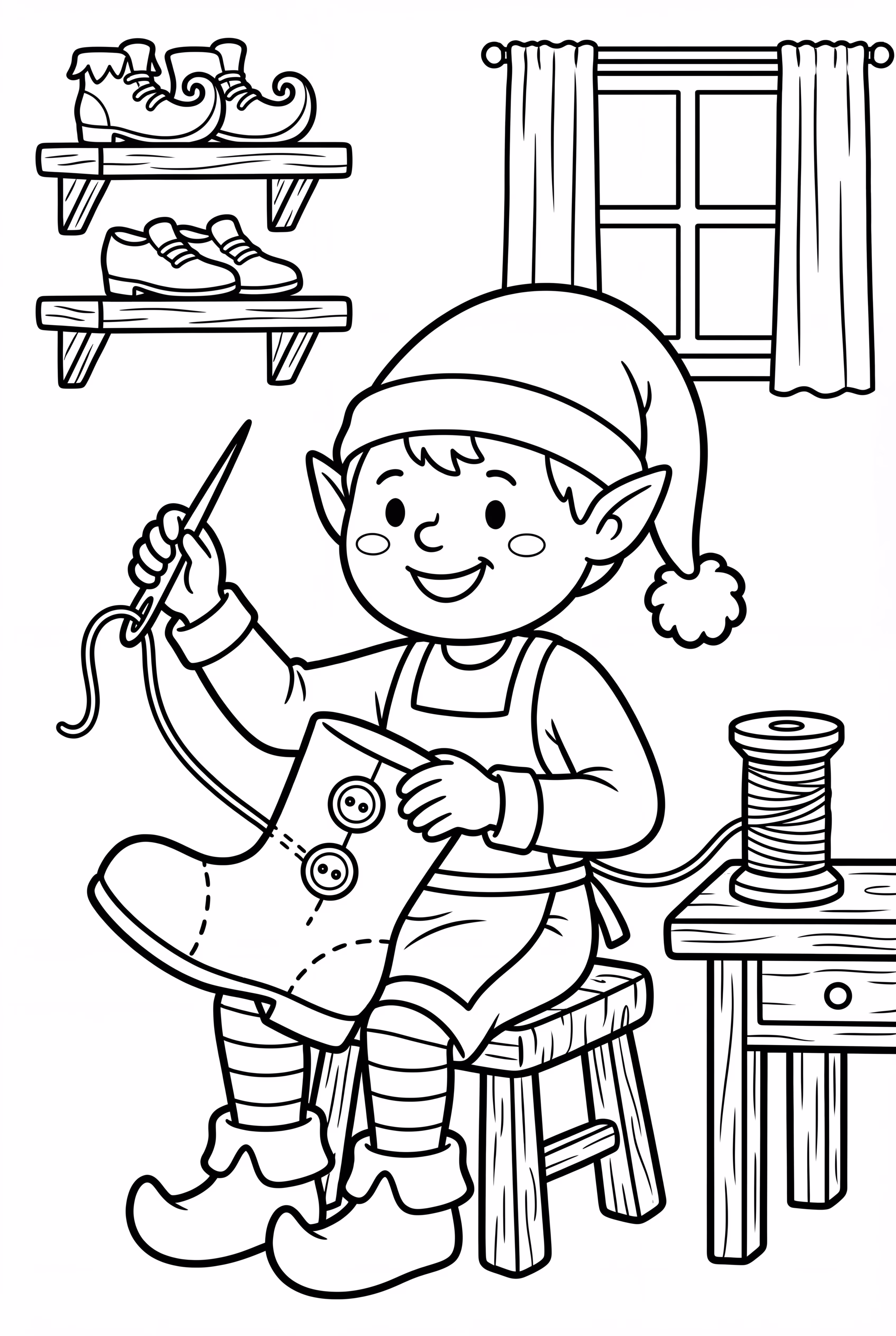 구두장이 요정이 신발을 바느질하는 모습