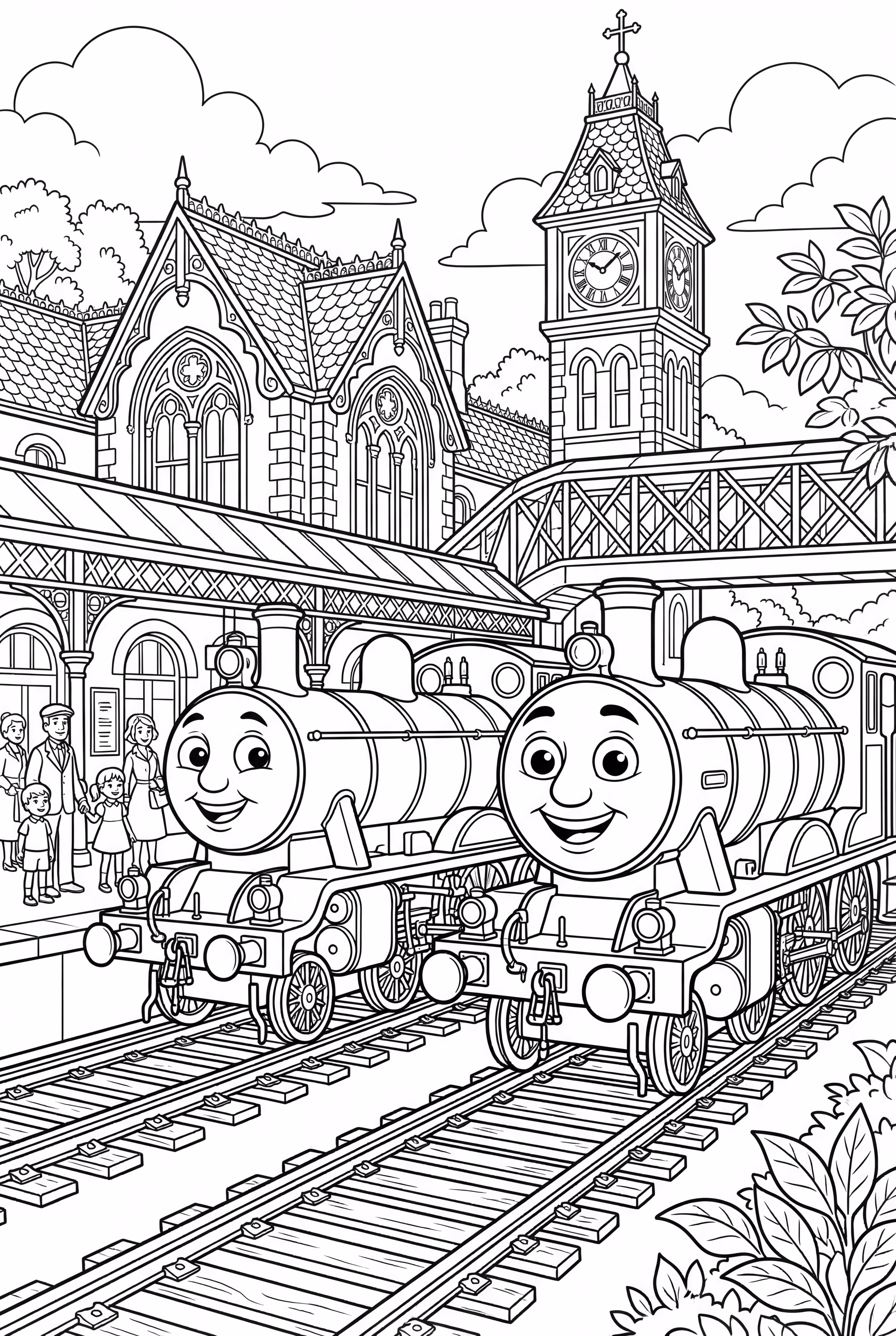 thomas o trem e amigos em uma estação movimentada