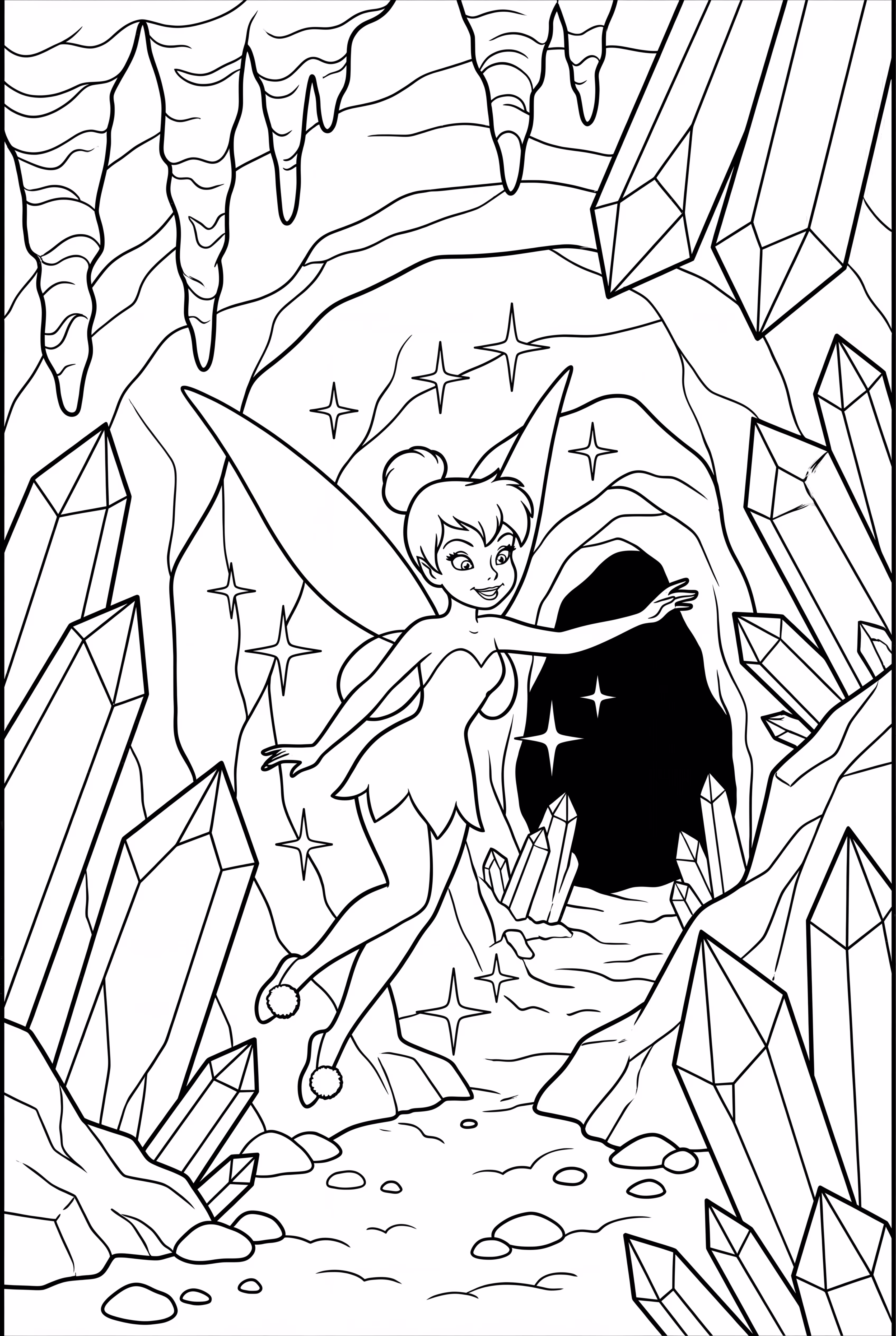 tinkerbell exploring a glowing cave full of crystals