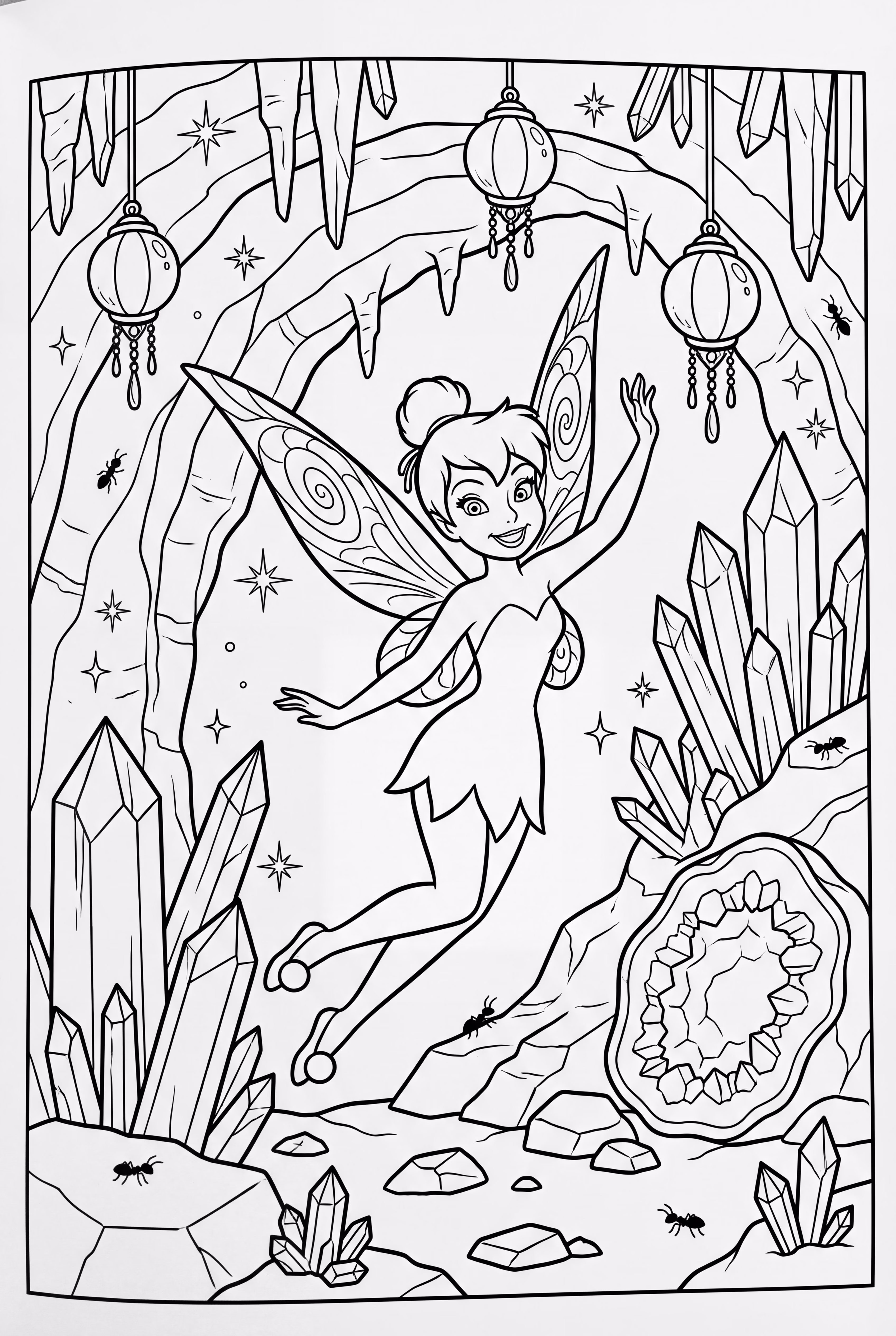 Clochette explorant une grotte illuminée pleine de cristaux