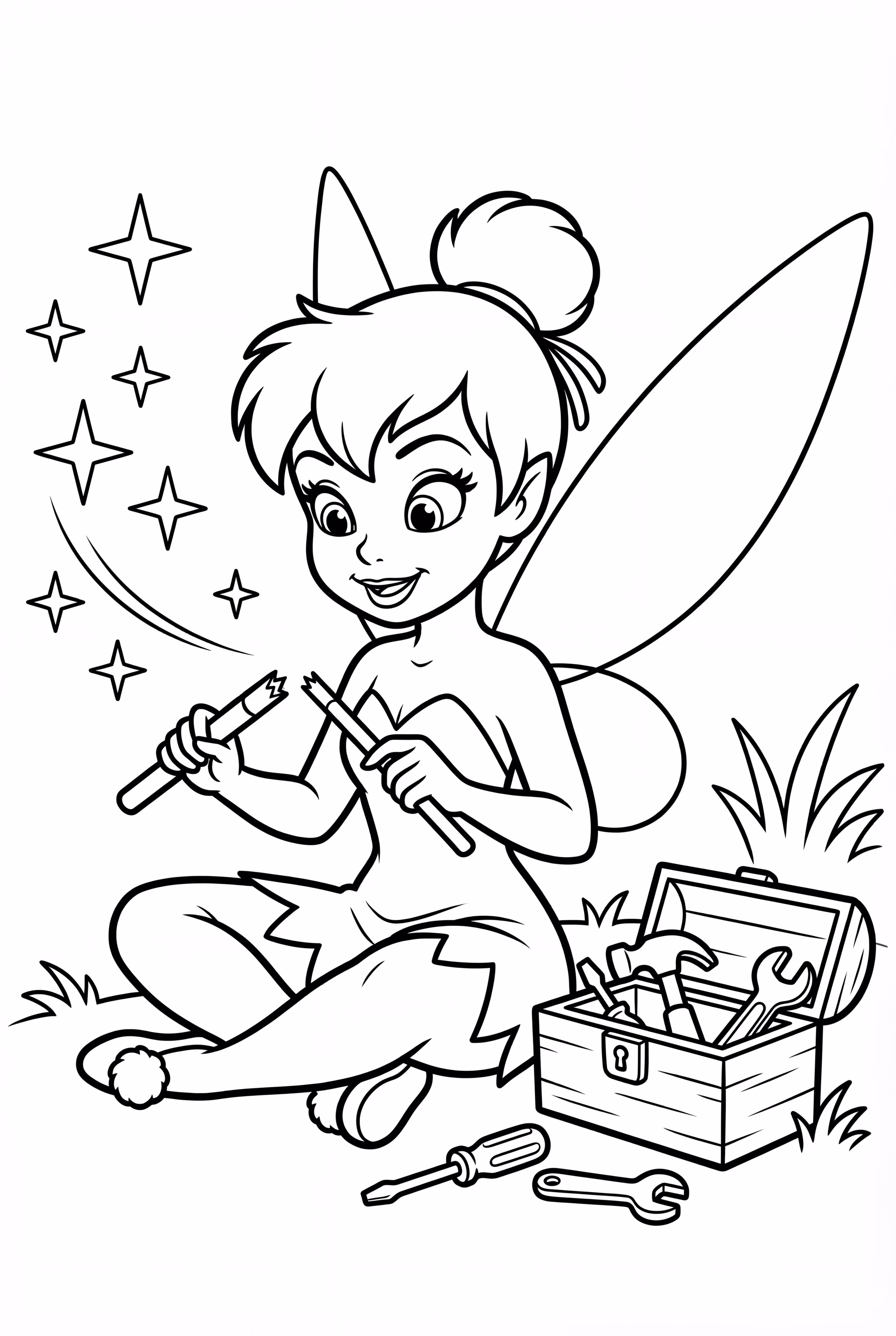 Clochette réparant une baguette cassée avec ses outils