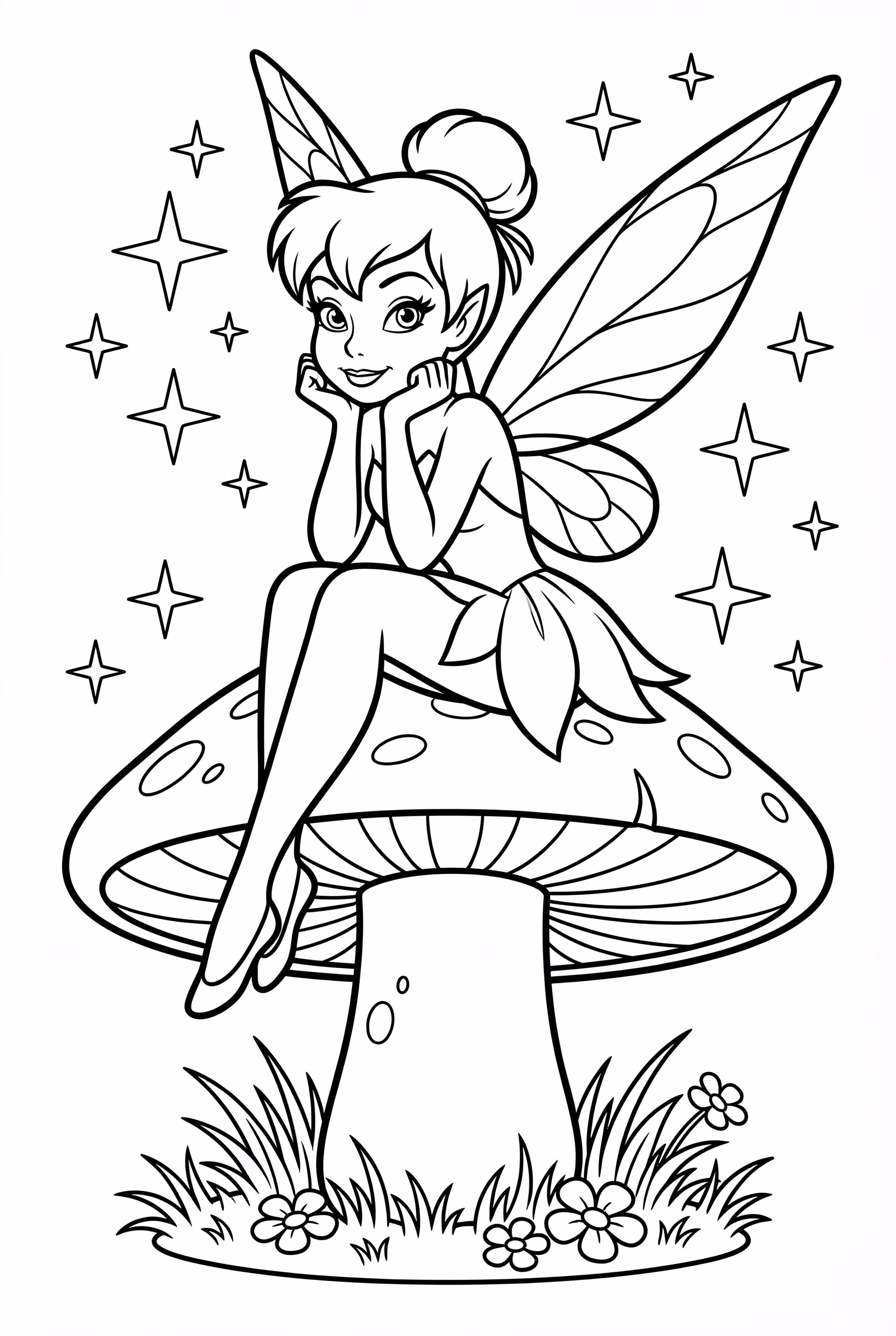 tinkerbell resting on a mushroom