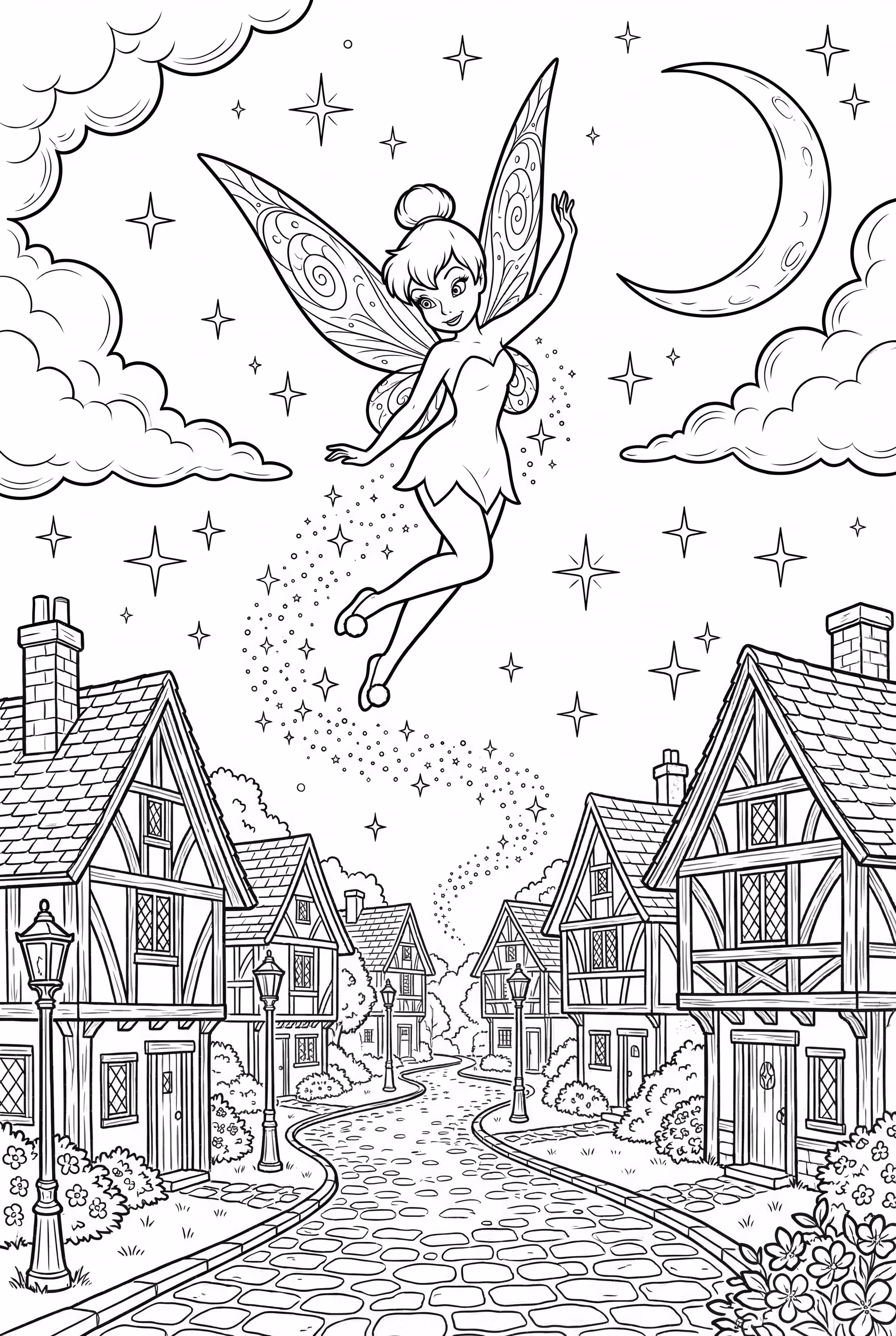 tinkerbell sprinkling pixie dust over a village