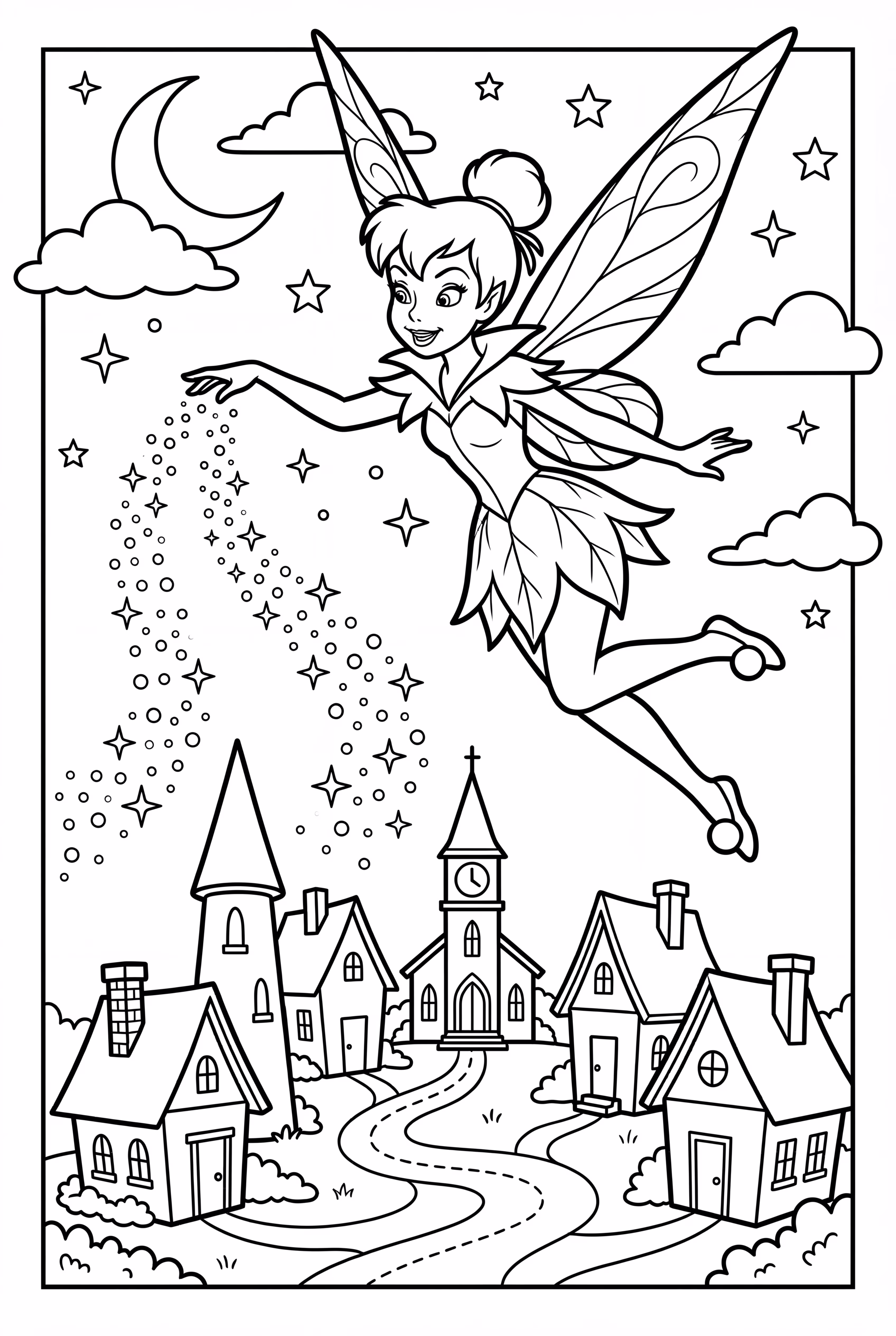 tinkerbell sprinkling pixie dust over a village