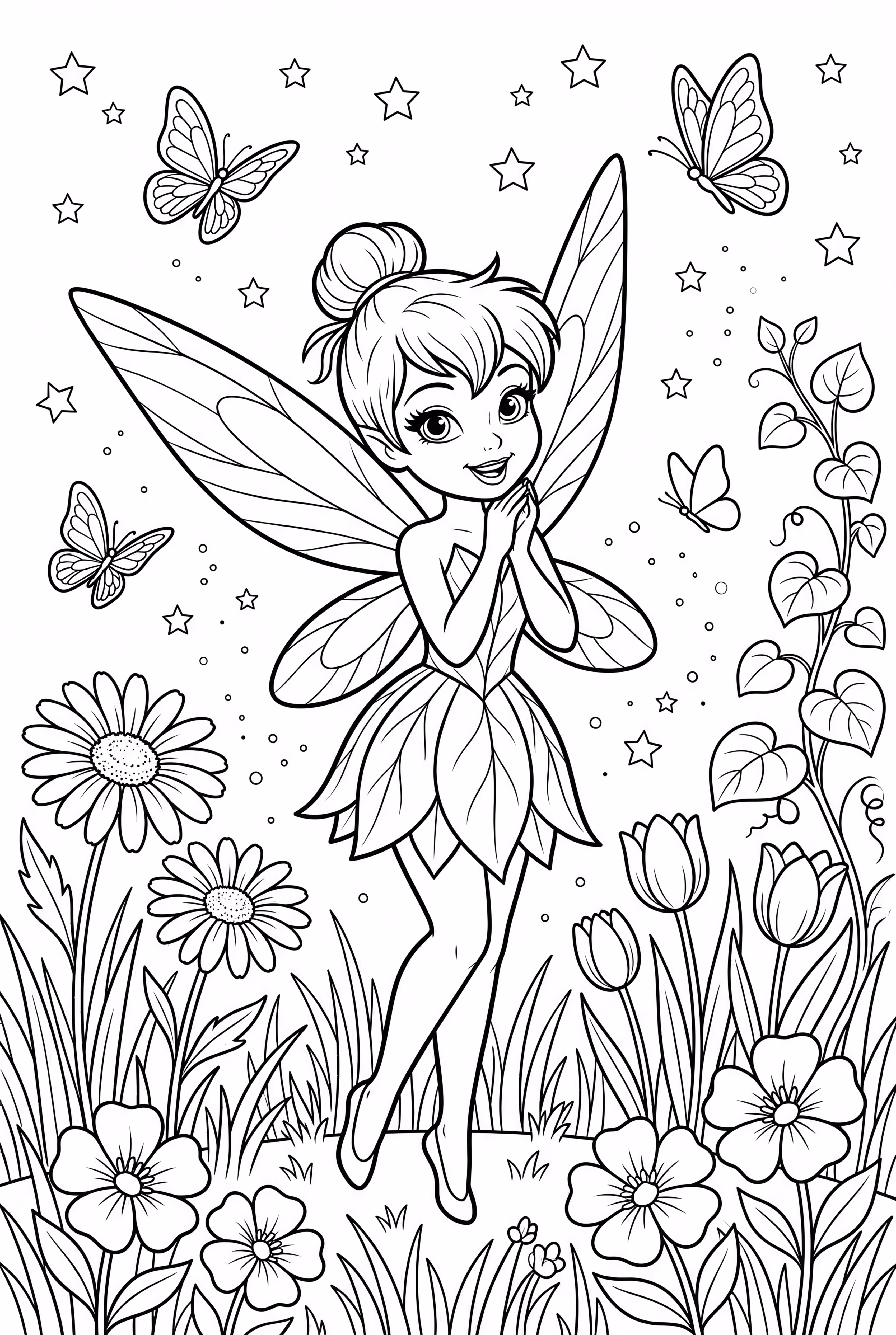 tinkerbell surrounded by magical creatures in a sparkling meadow