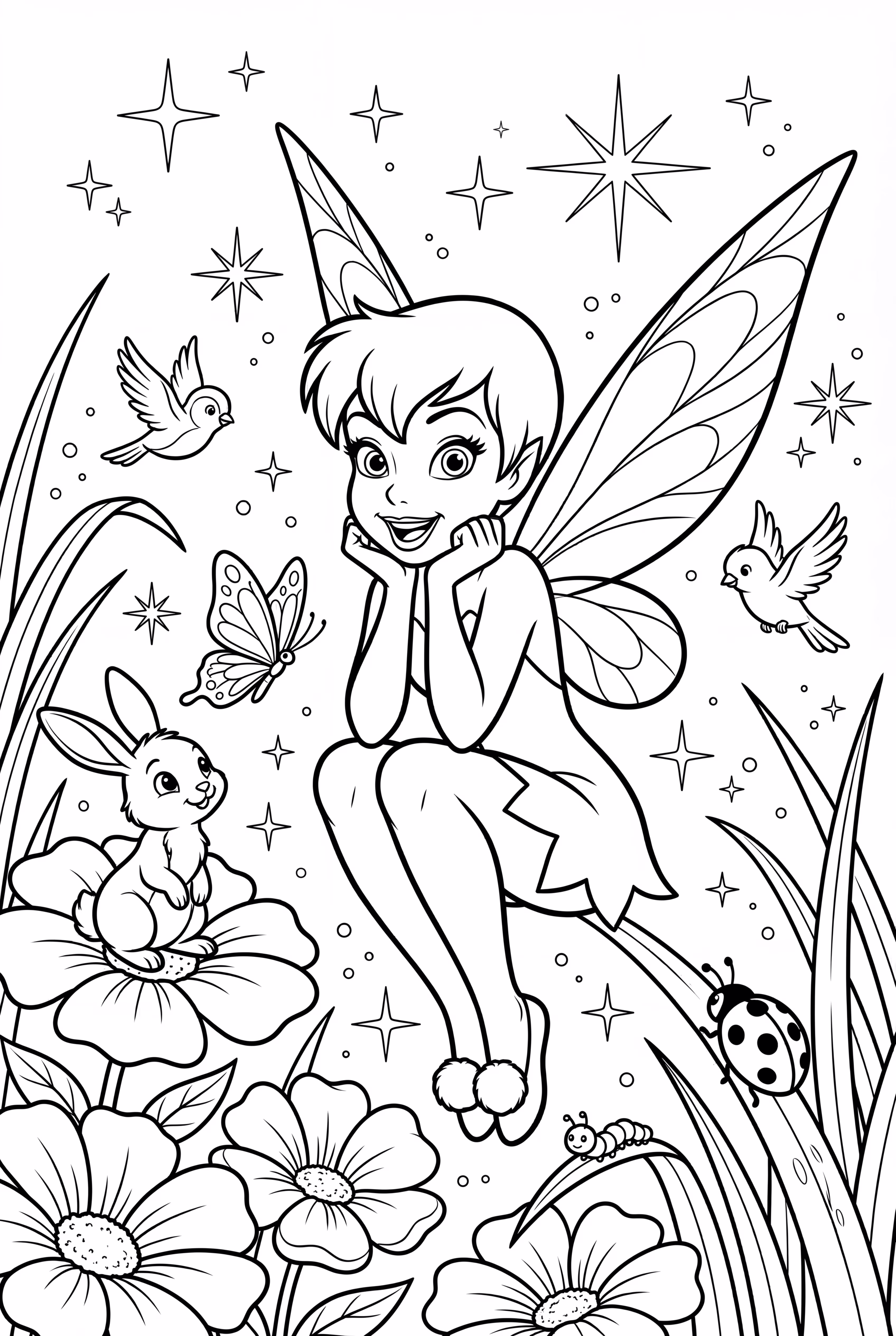 sininho cercada por criaturas mágicas em um prado cintilante