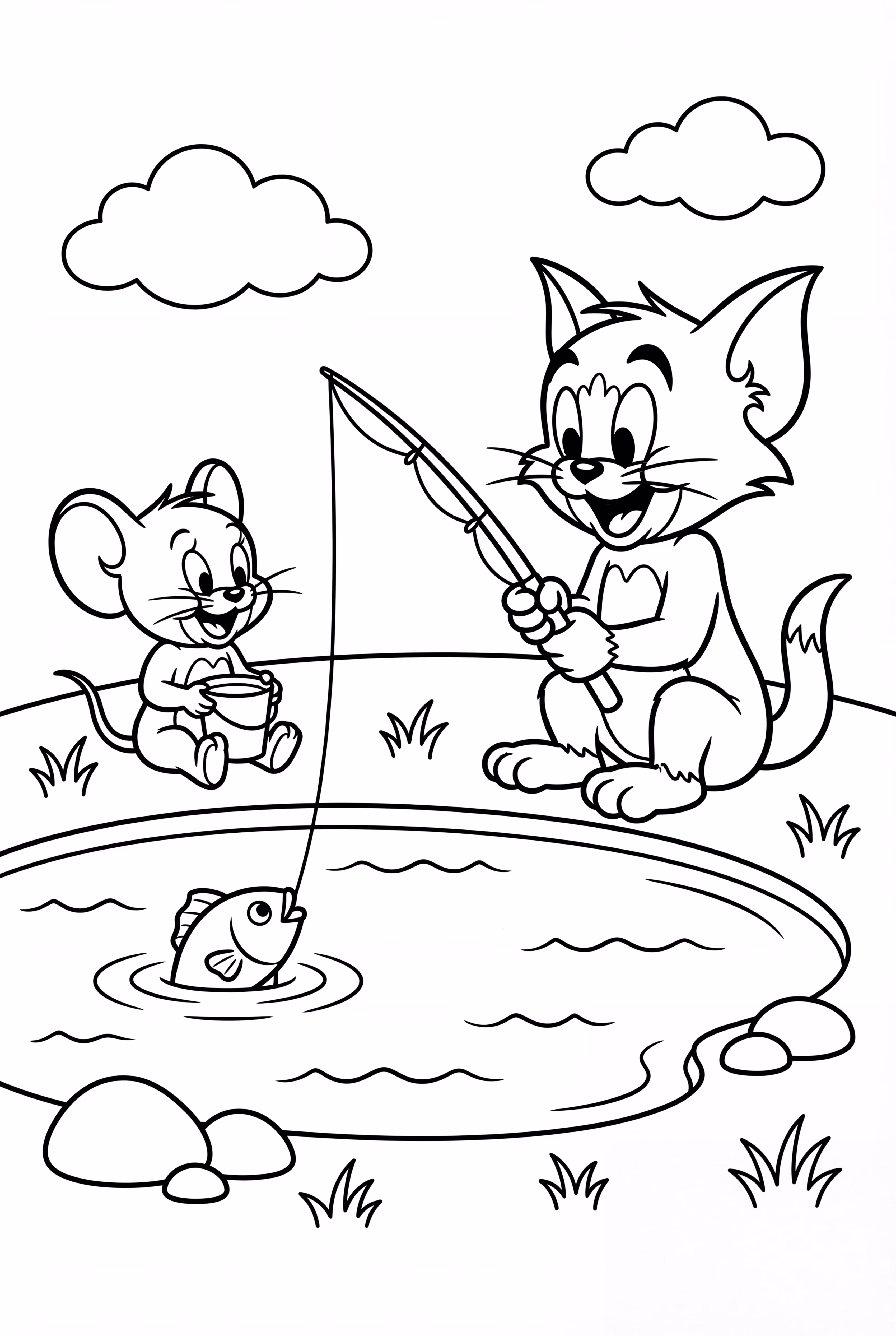 Tom And Jerry Fishing By A Pond