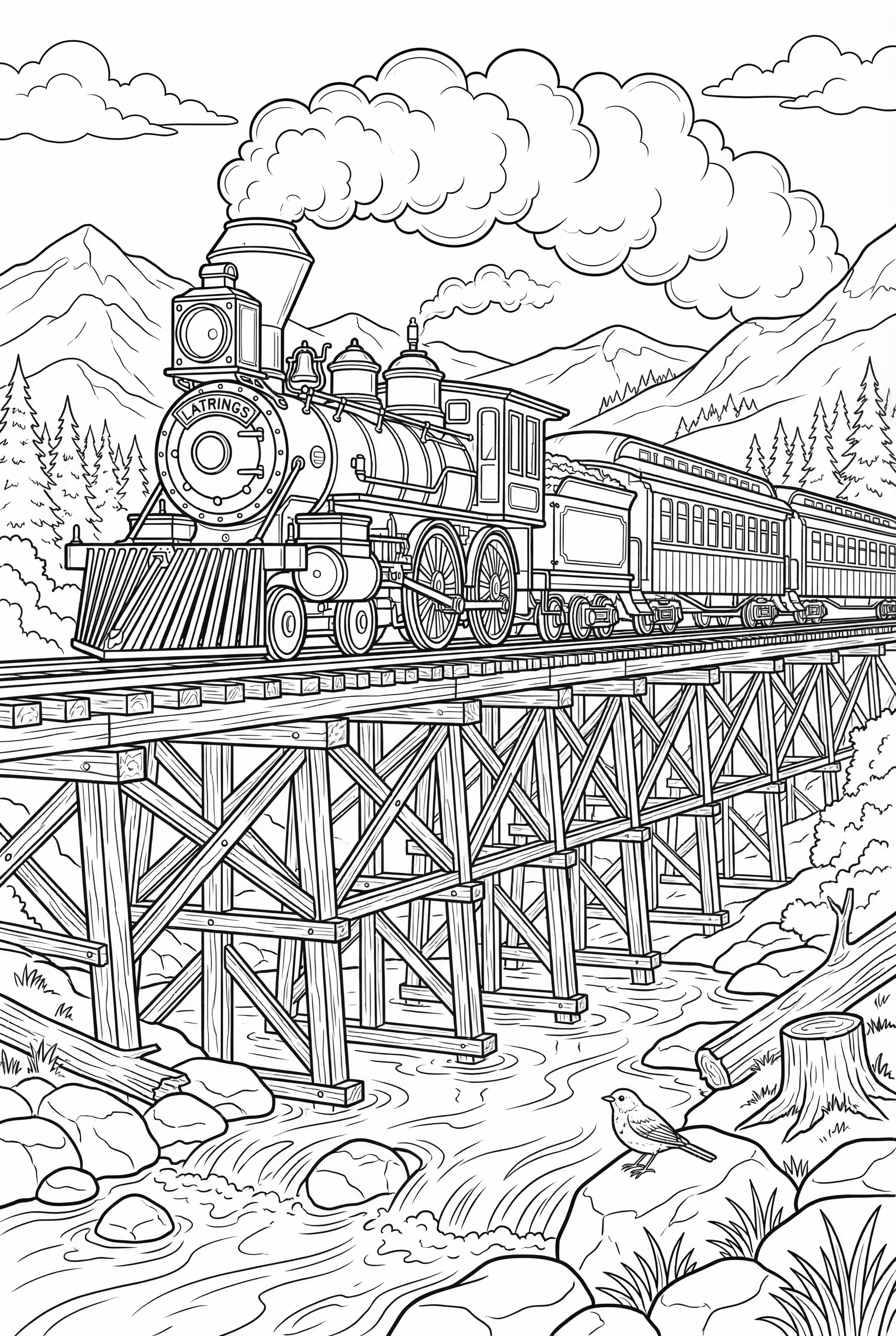 train crossing a river on a wooden bridge