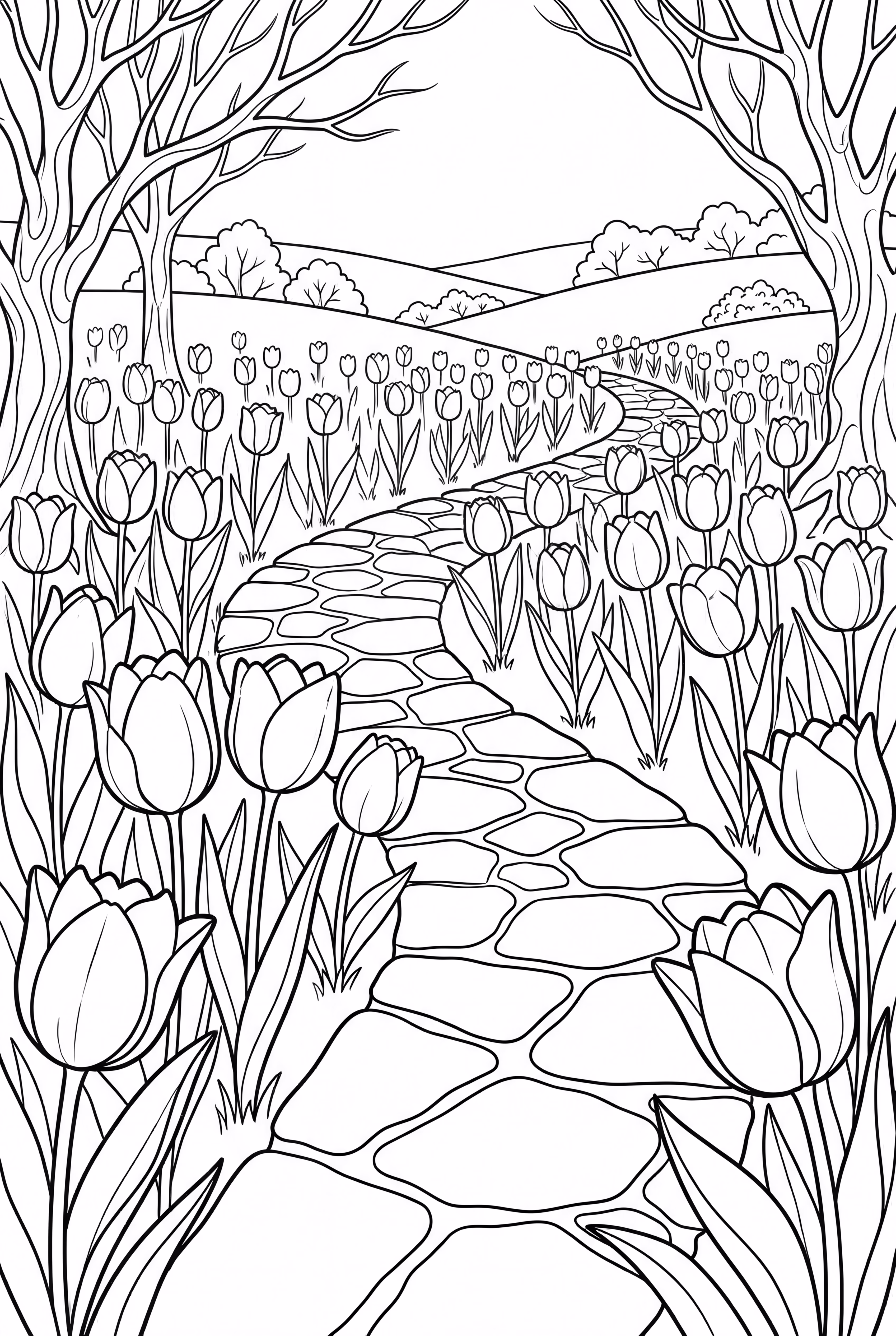 Jardim de Tulipas com Caminho de Pedras