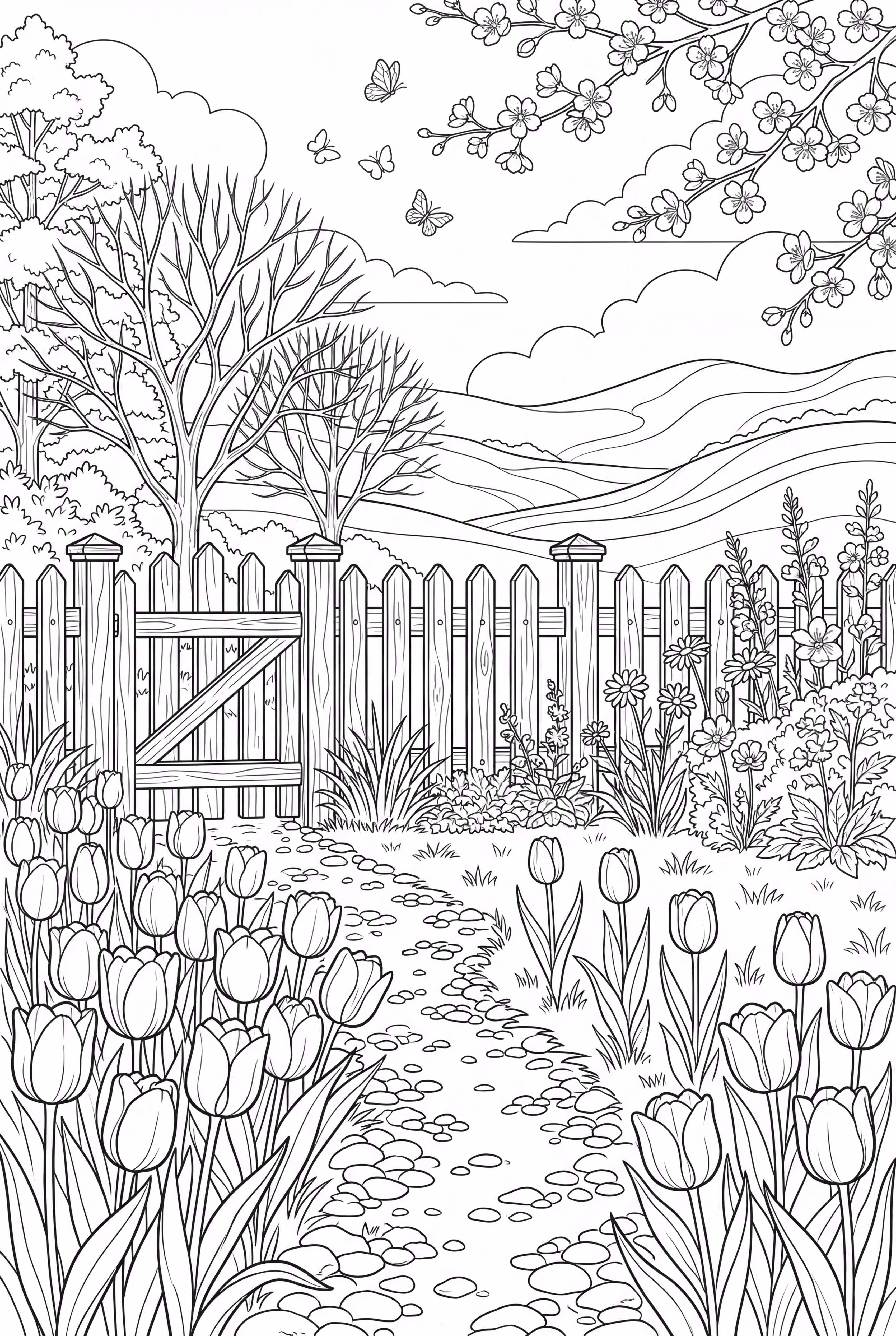 Tulip Garden with Wooden Fence