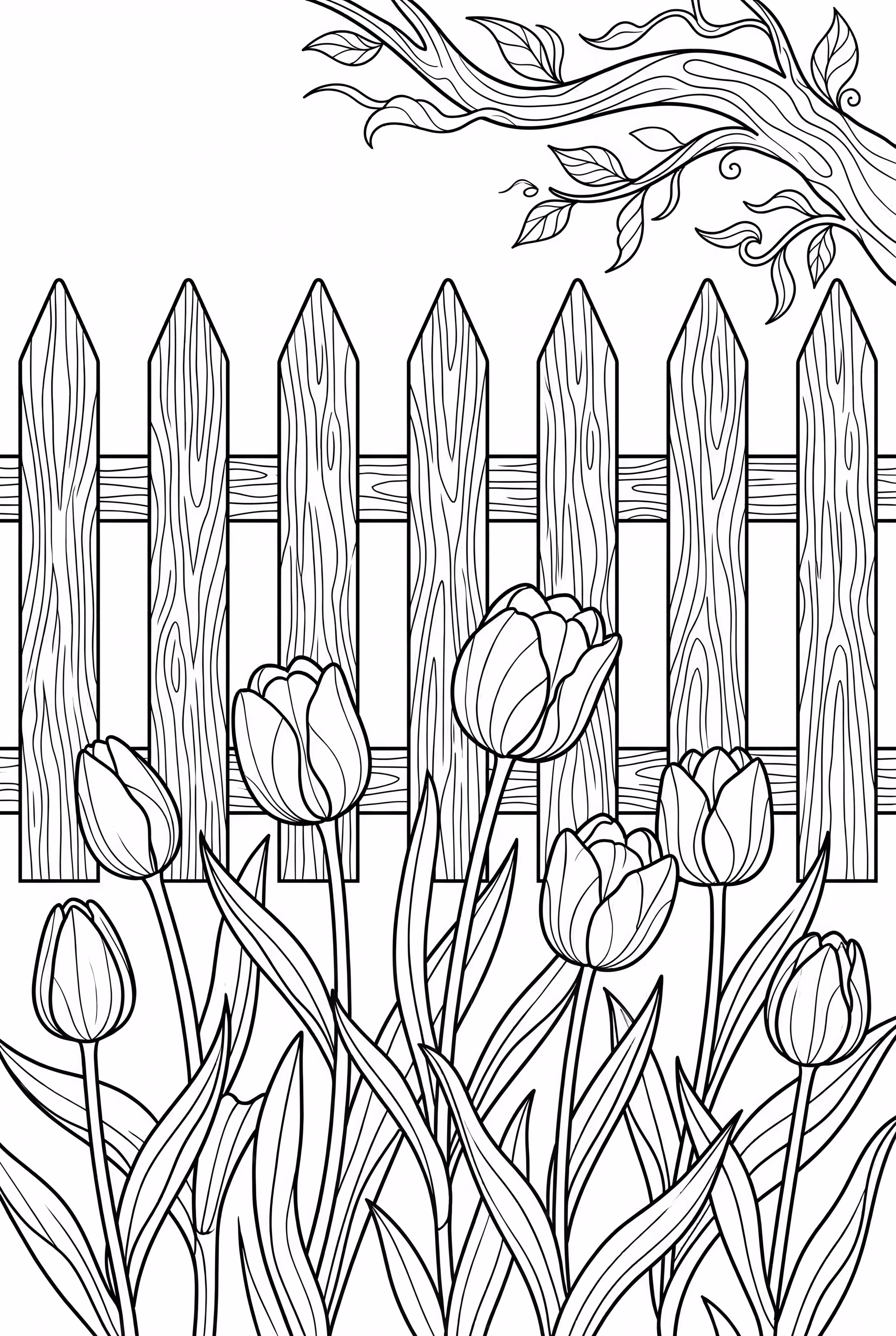 Tulip Garden with Wooden Fence