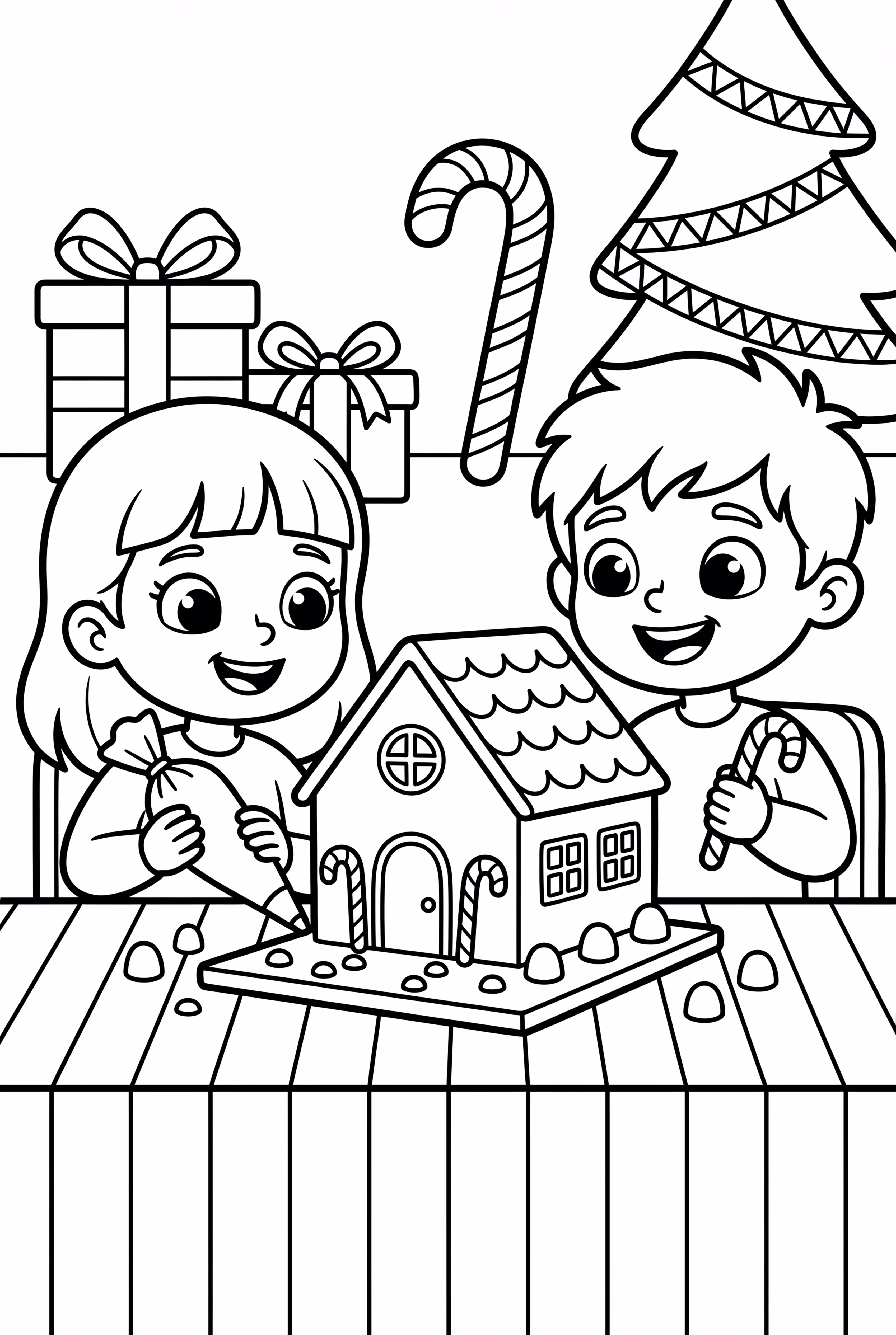 Zwei Kinder bauen ein Lebkuchenhaus