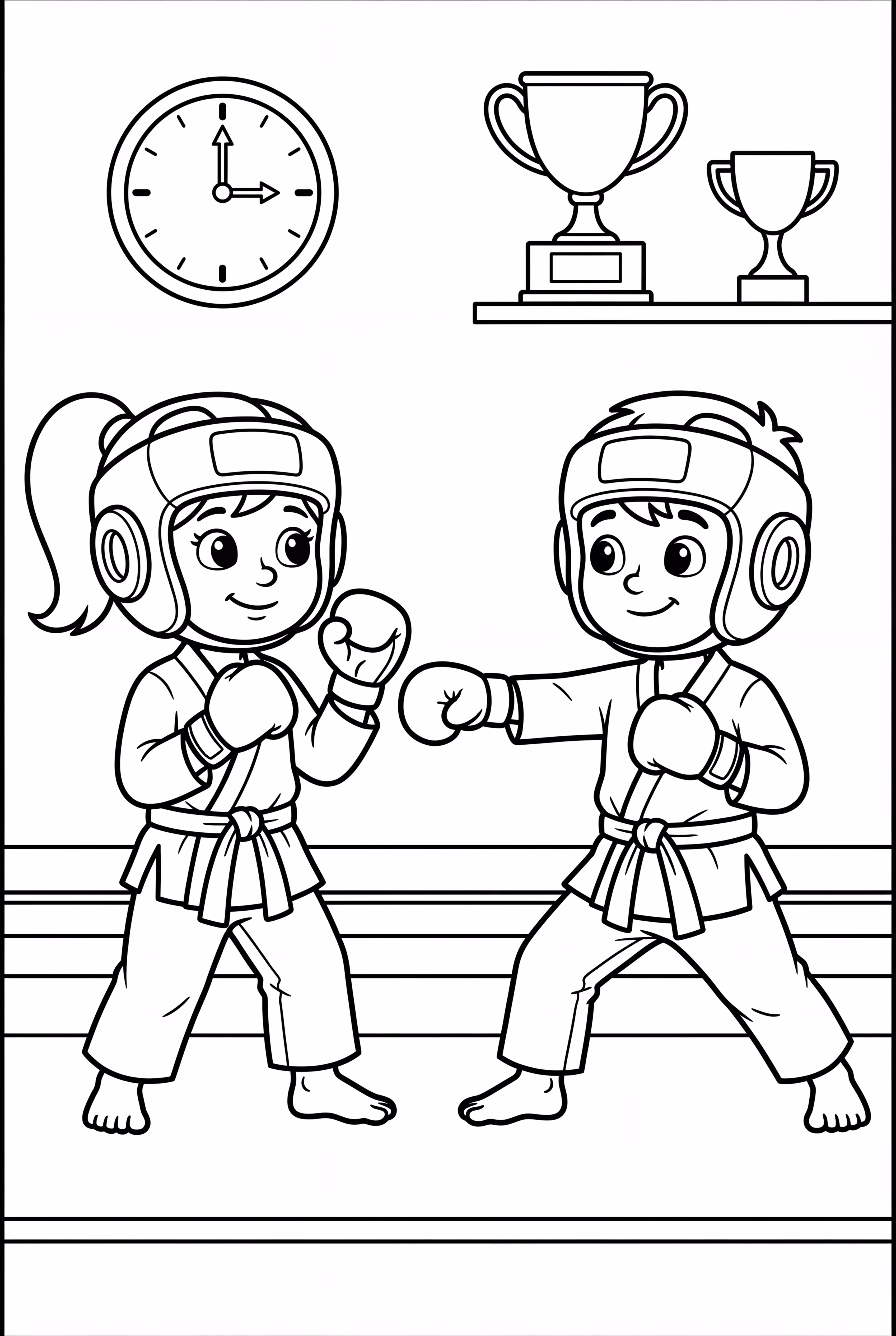 가라테 장비를 착용한 두 아이의 스파링