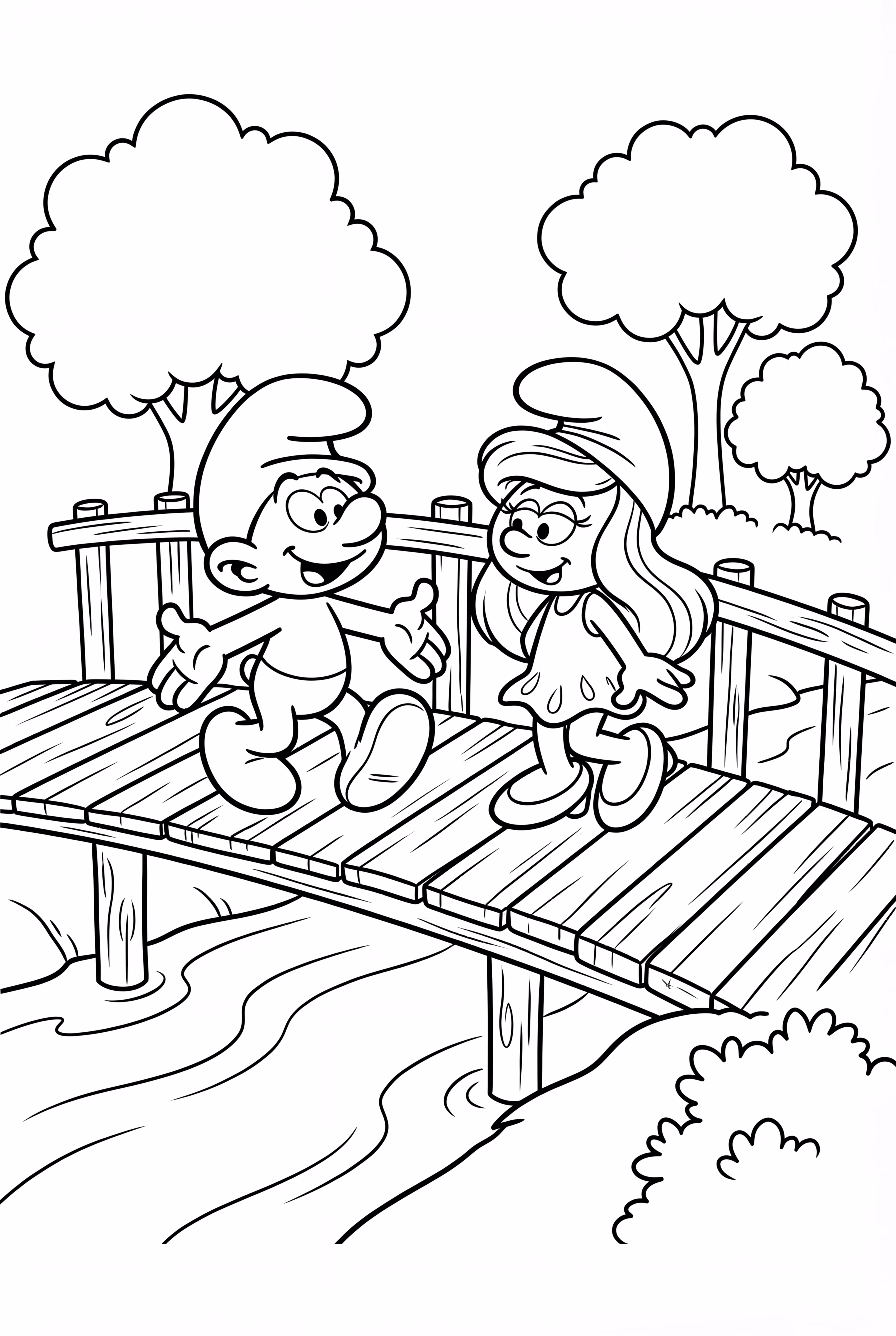 Two Smurfs Crossing A Wooden Bridge