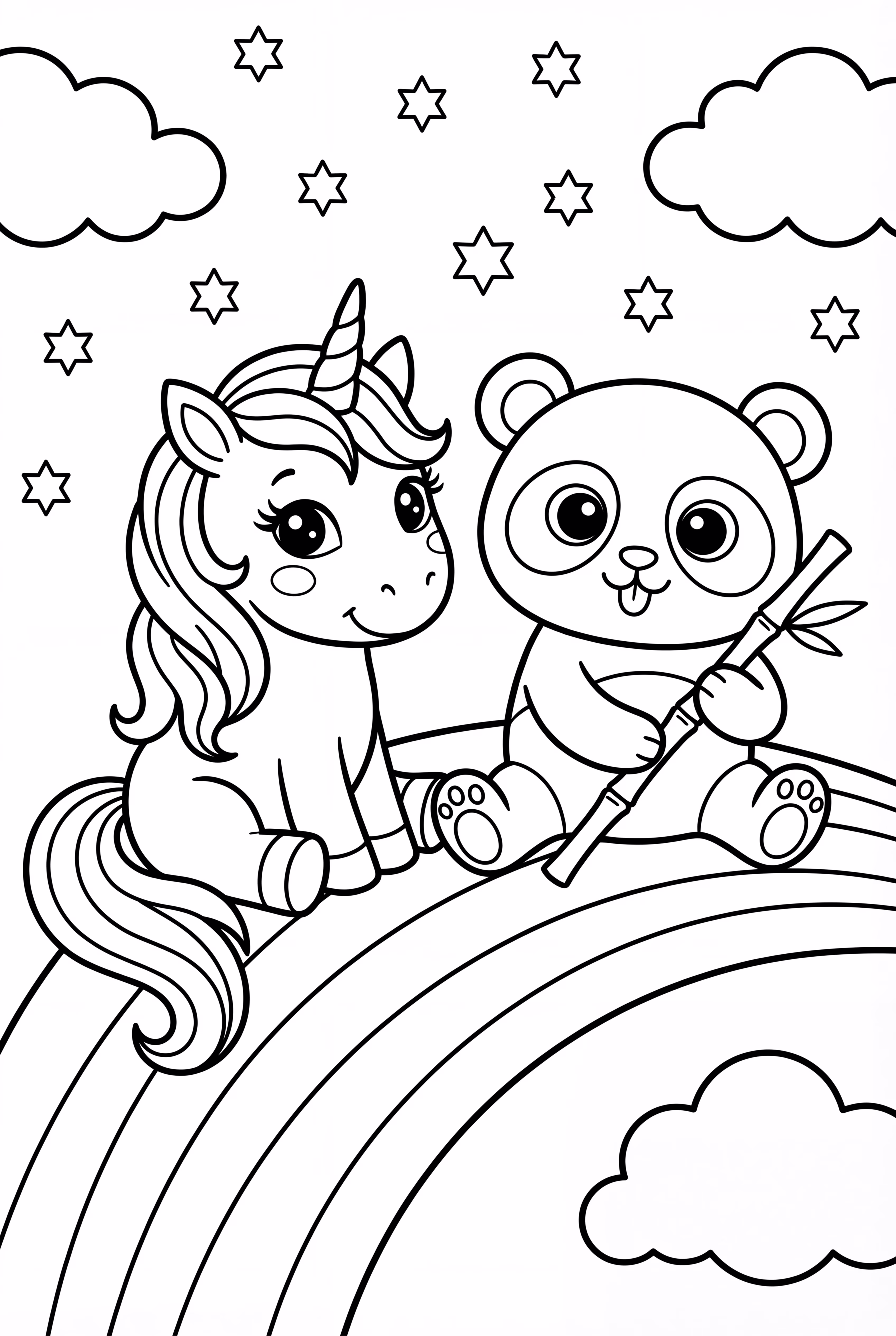 unicorn and a panda sitting on a rainbow