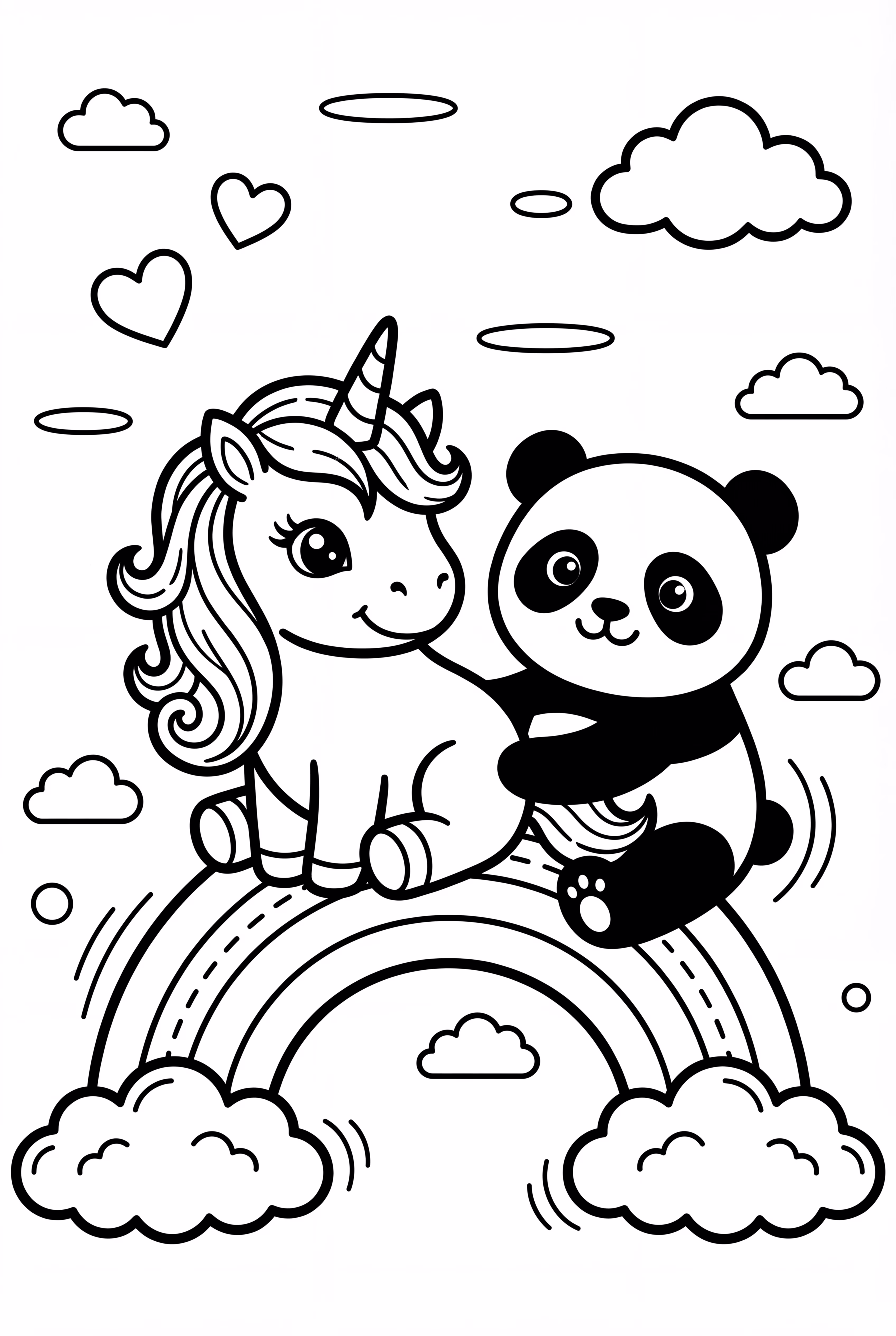 무지개 위에 앉아 있는 유니콘과 판다