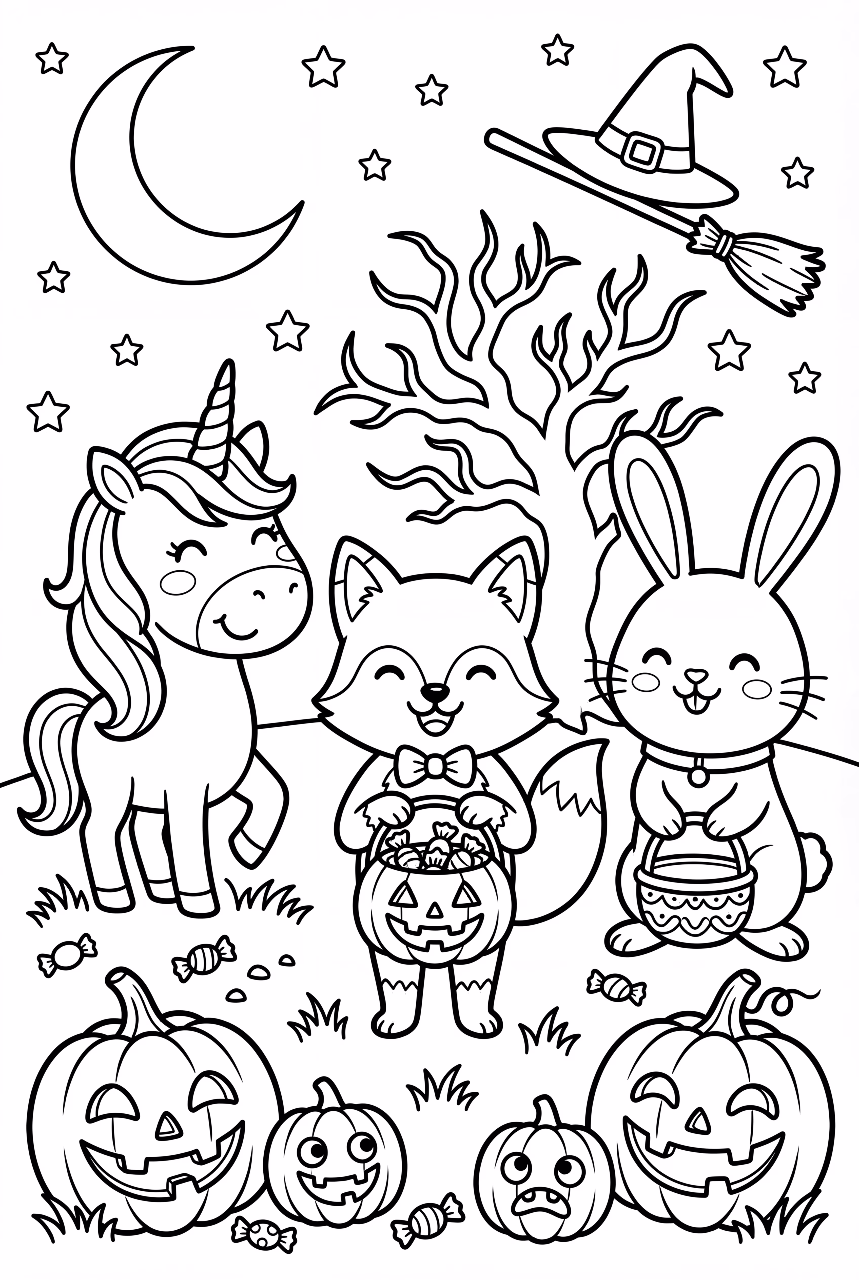 unicórnio e amigos fazendo uma festa de Halloween