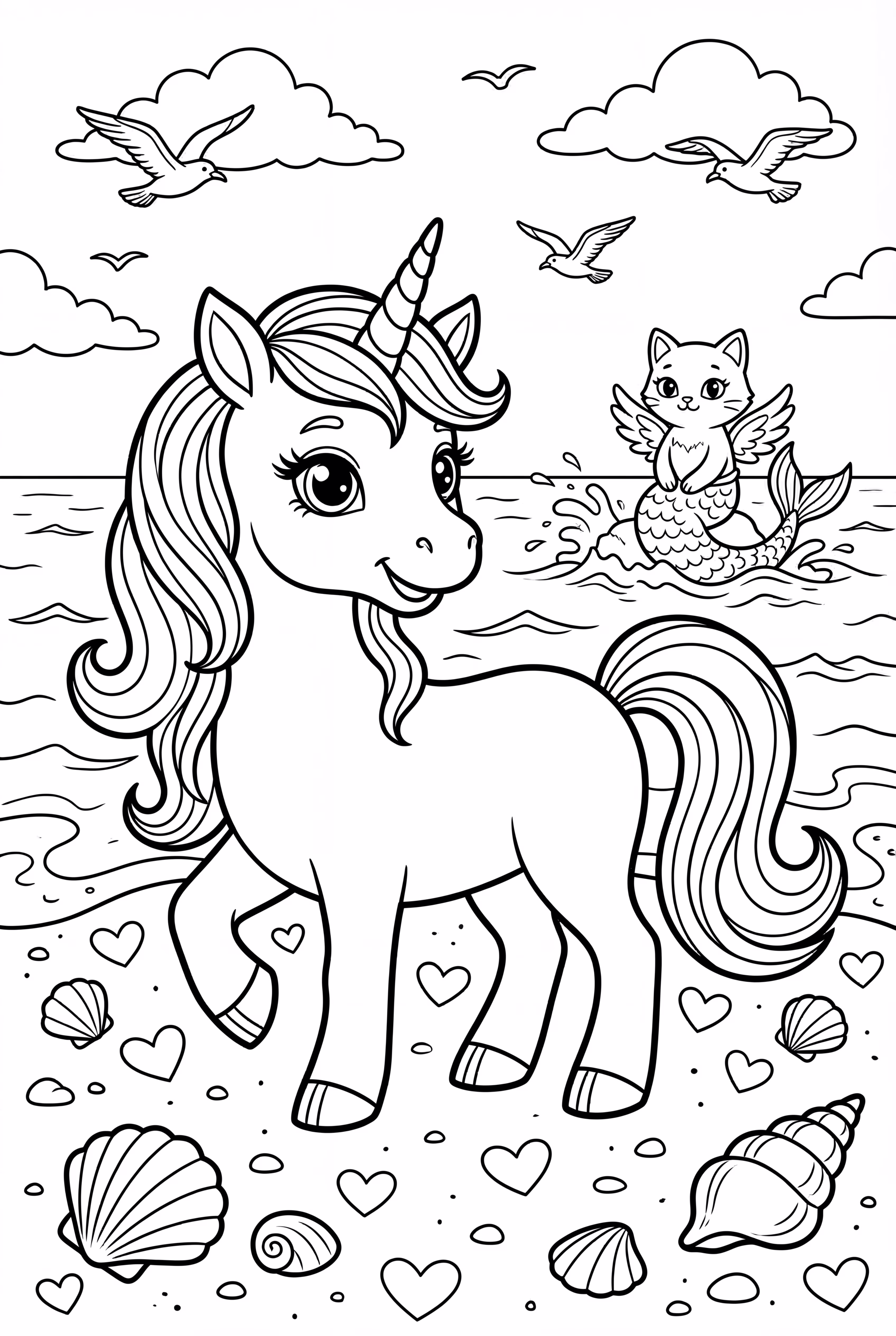 unicorn and kitty mermaid playing by the beach-2