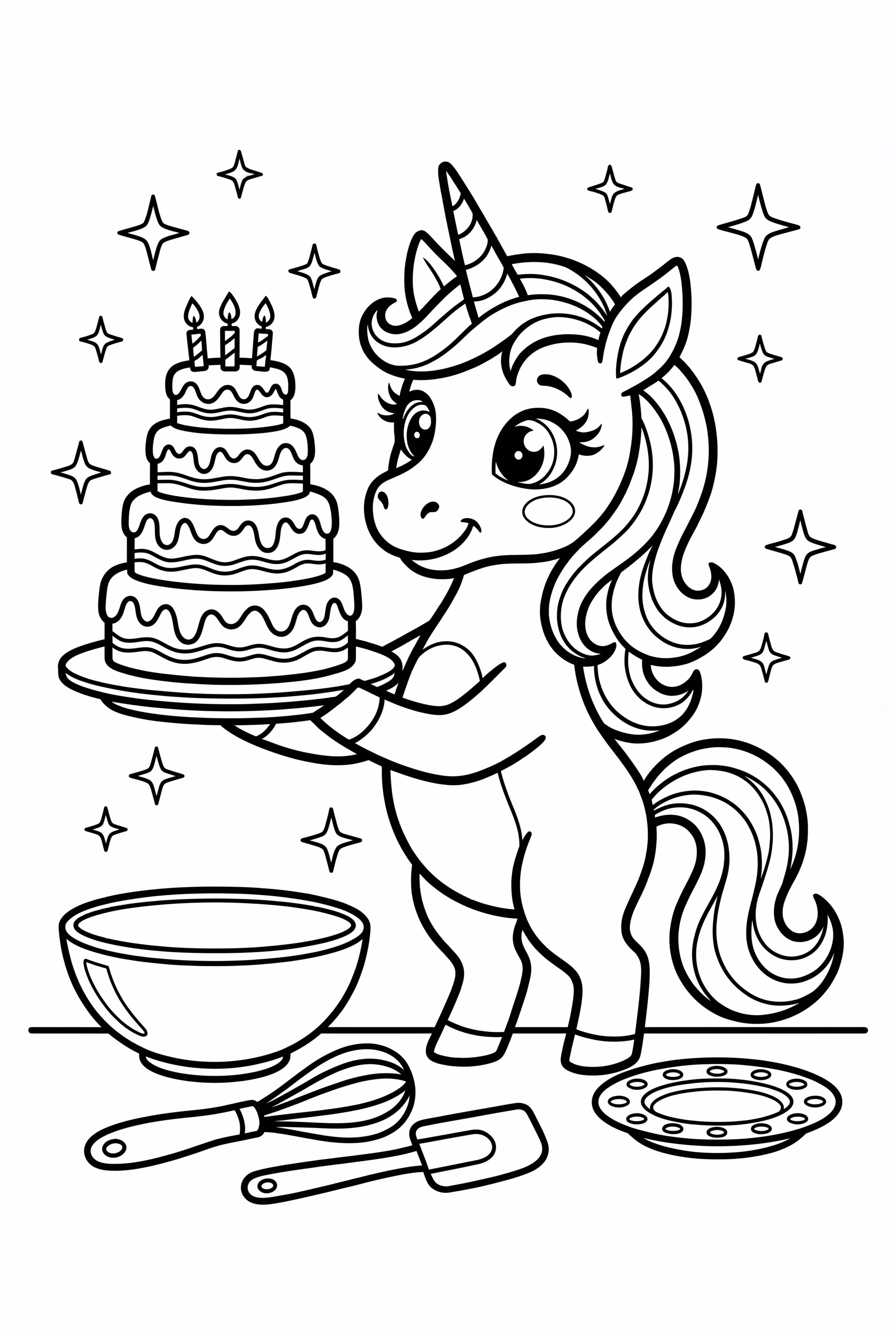 unicorn baking a magical rainbow cake