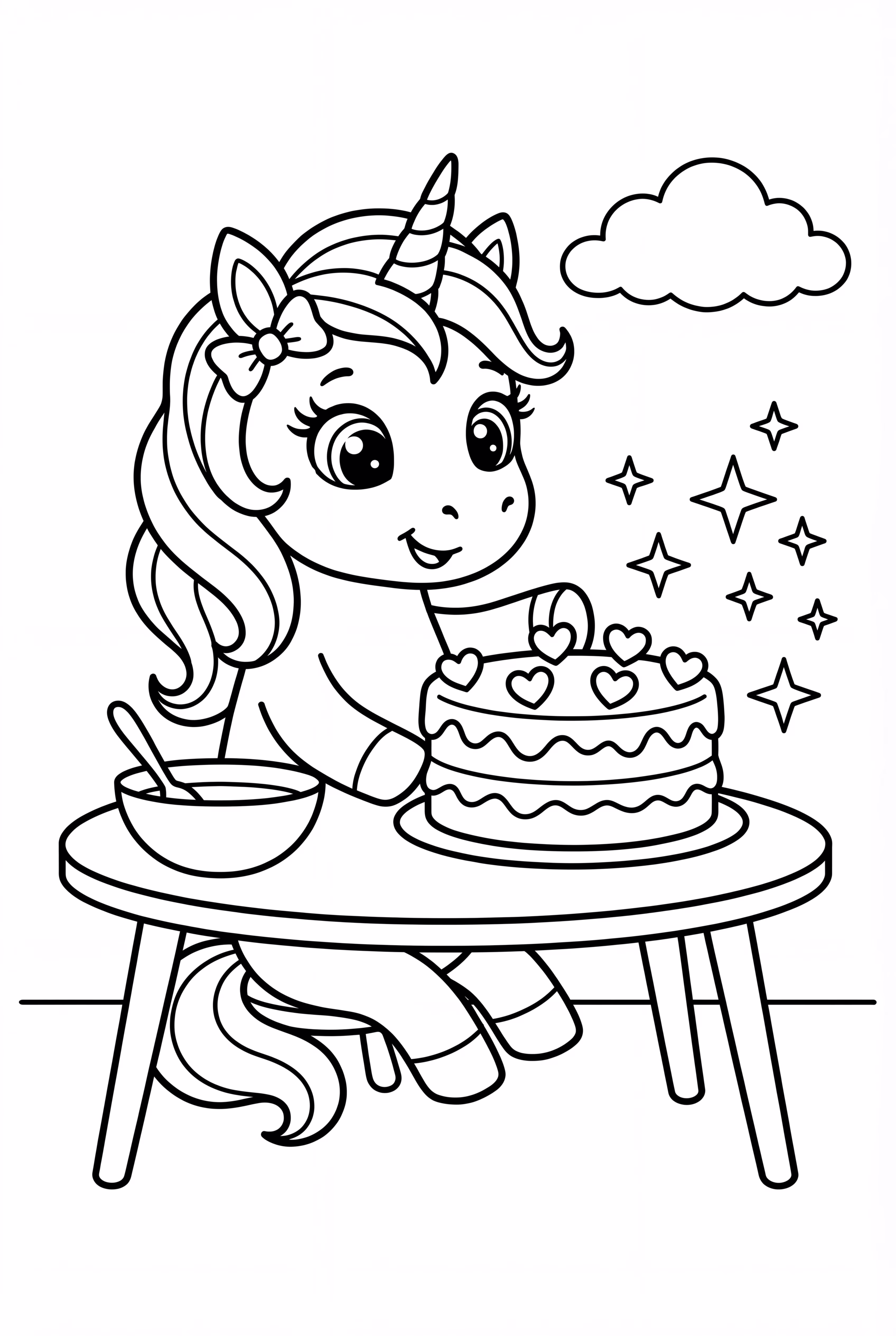 unicorn baking a magical rainbow cake