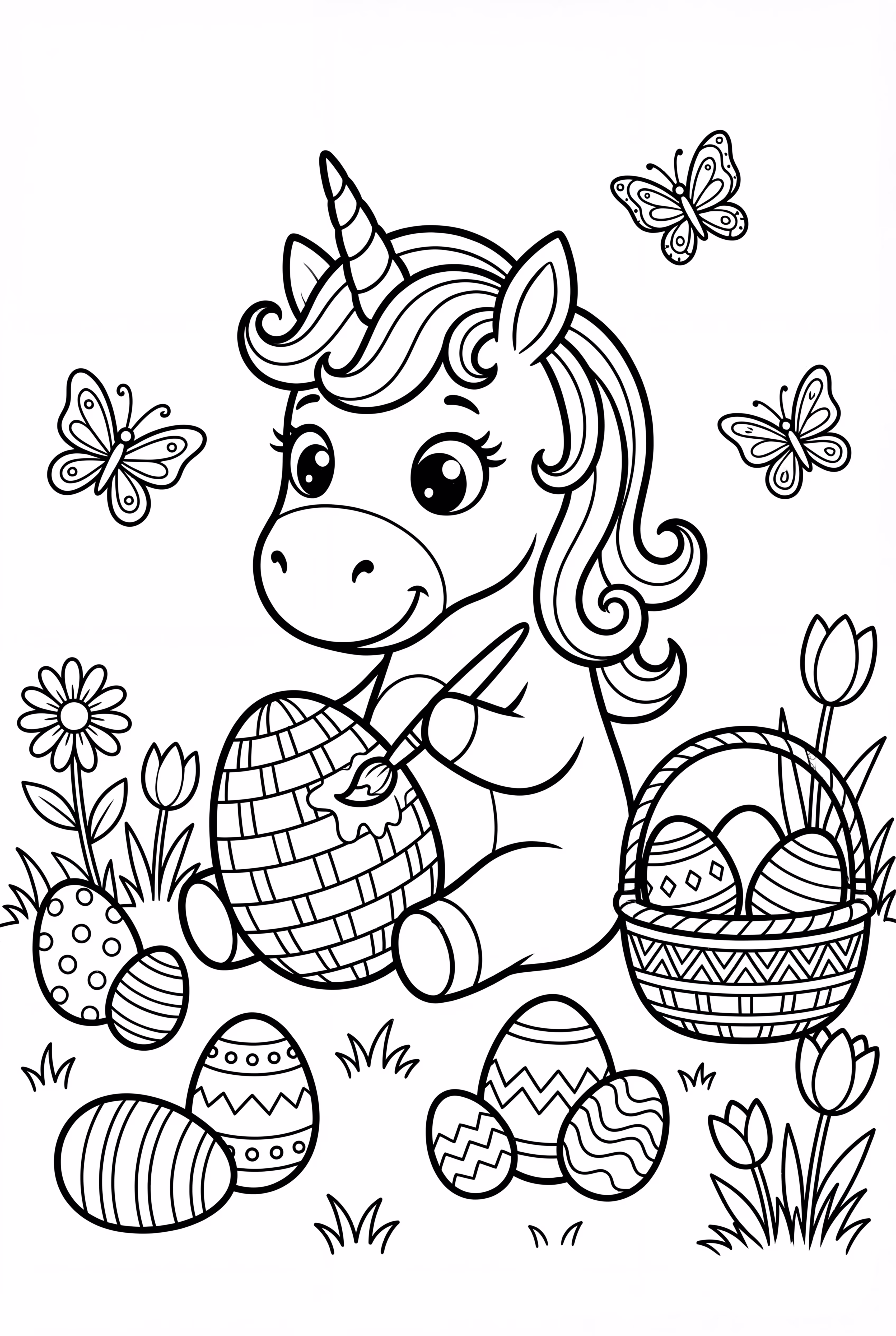 unicorn celebrating easter with painted eggs