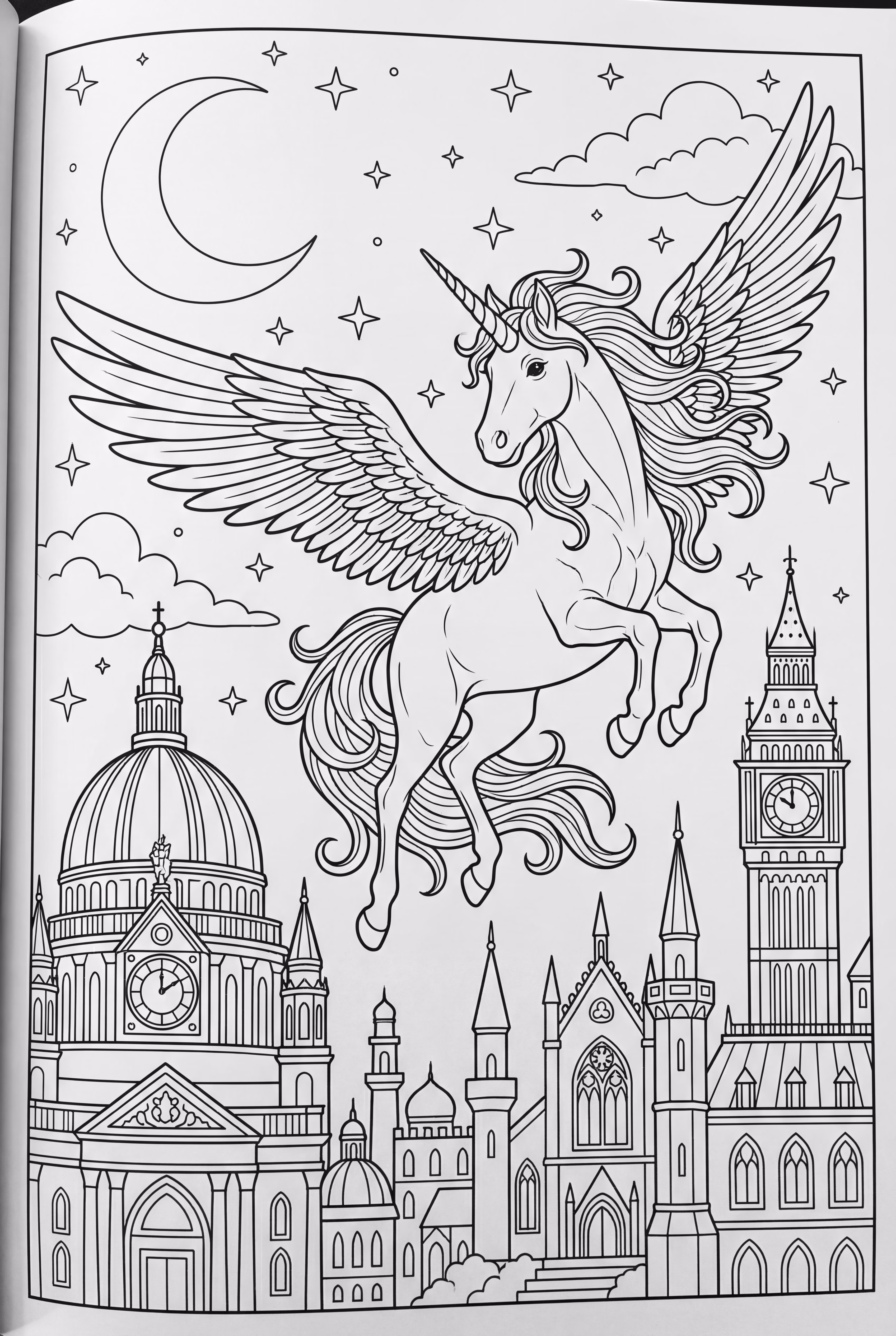 unicorn volé au-dessus d'une ville scintillante la nuit