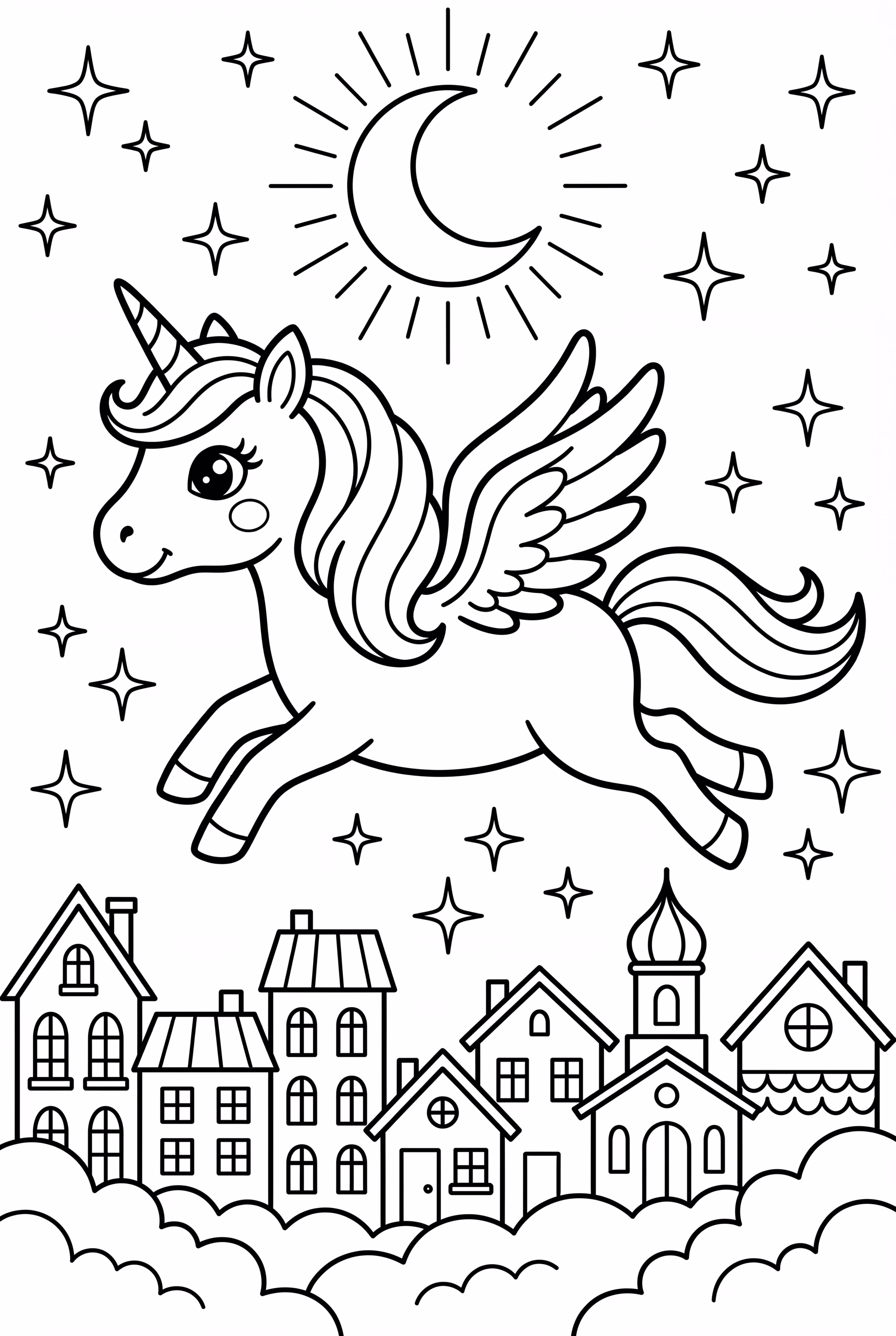 unicorn flying over a glittering city at night