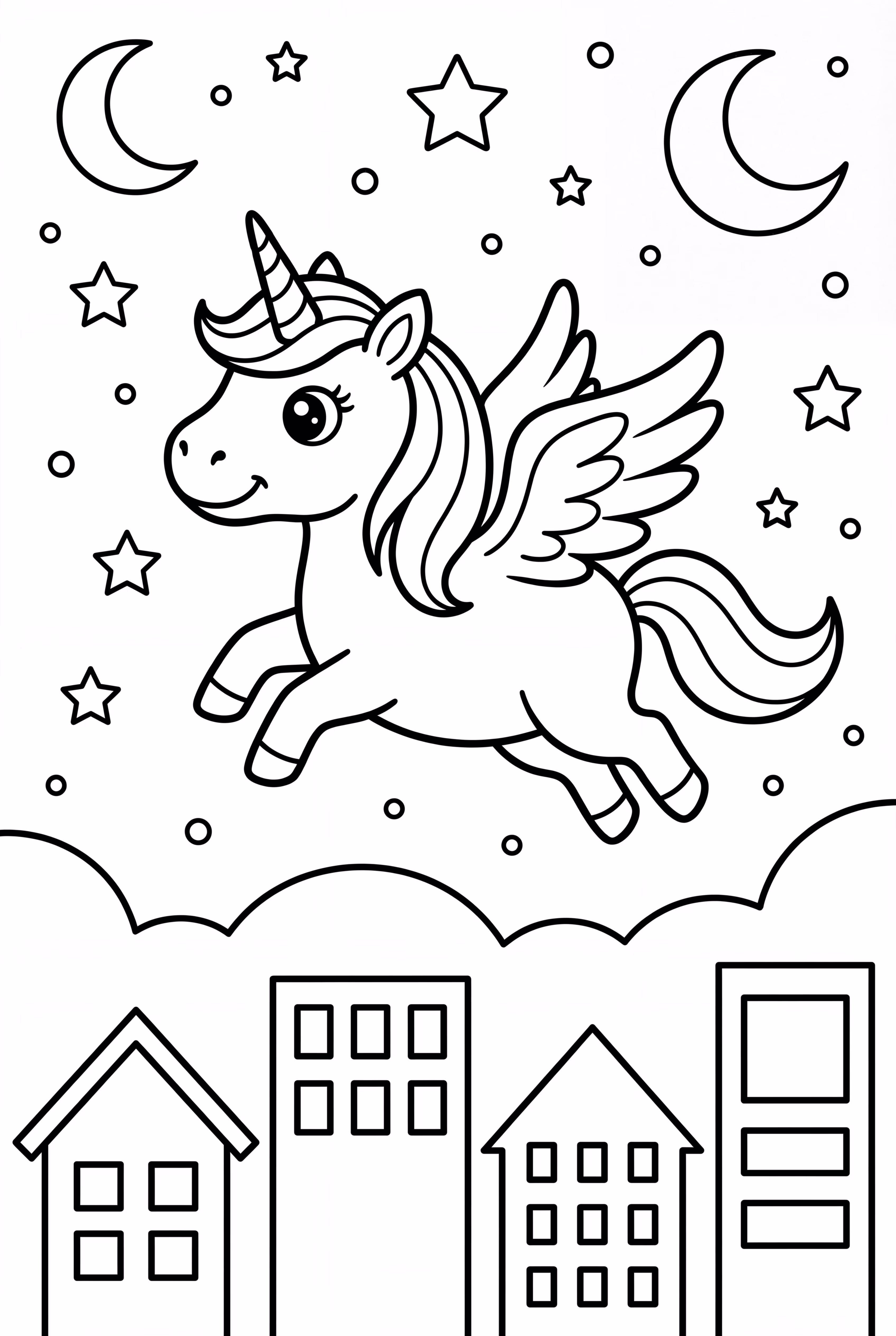 unicorn flying over a glittering city at night