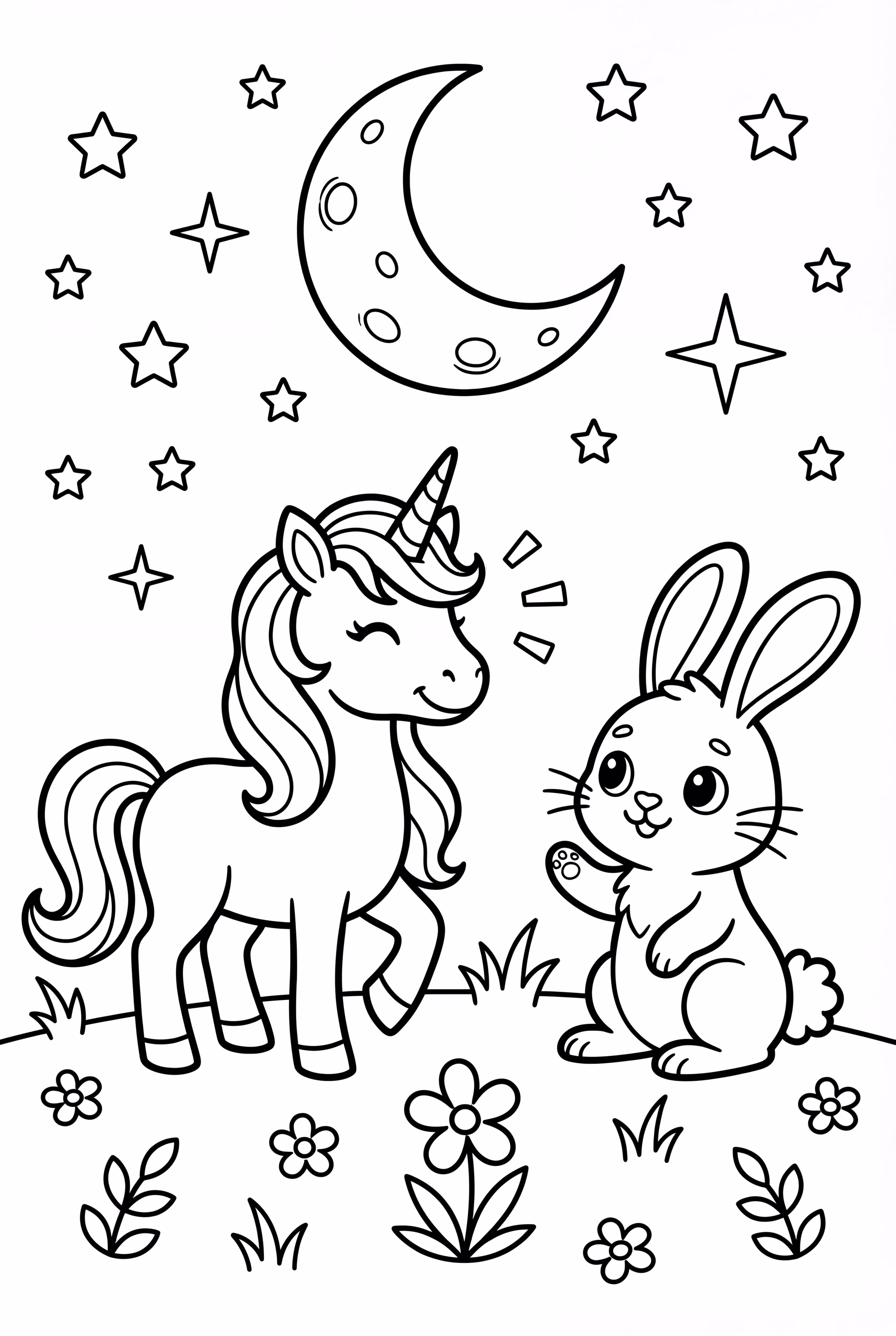 유니콘, 여우와 토끼가 달빛 아래에서 노는 모습