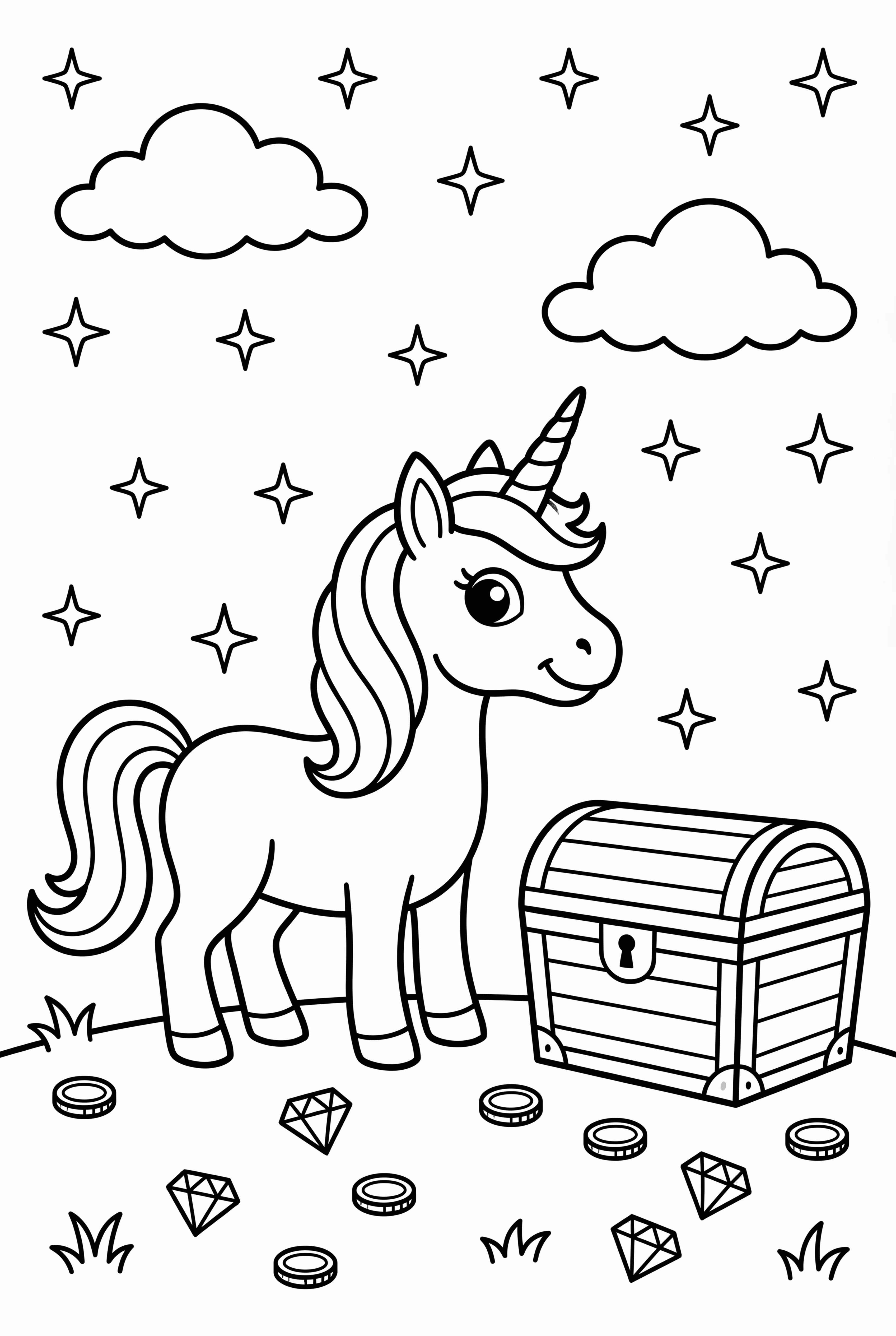 Licorne gardant un coffre au trésor magique