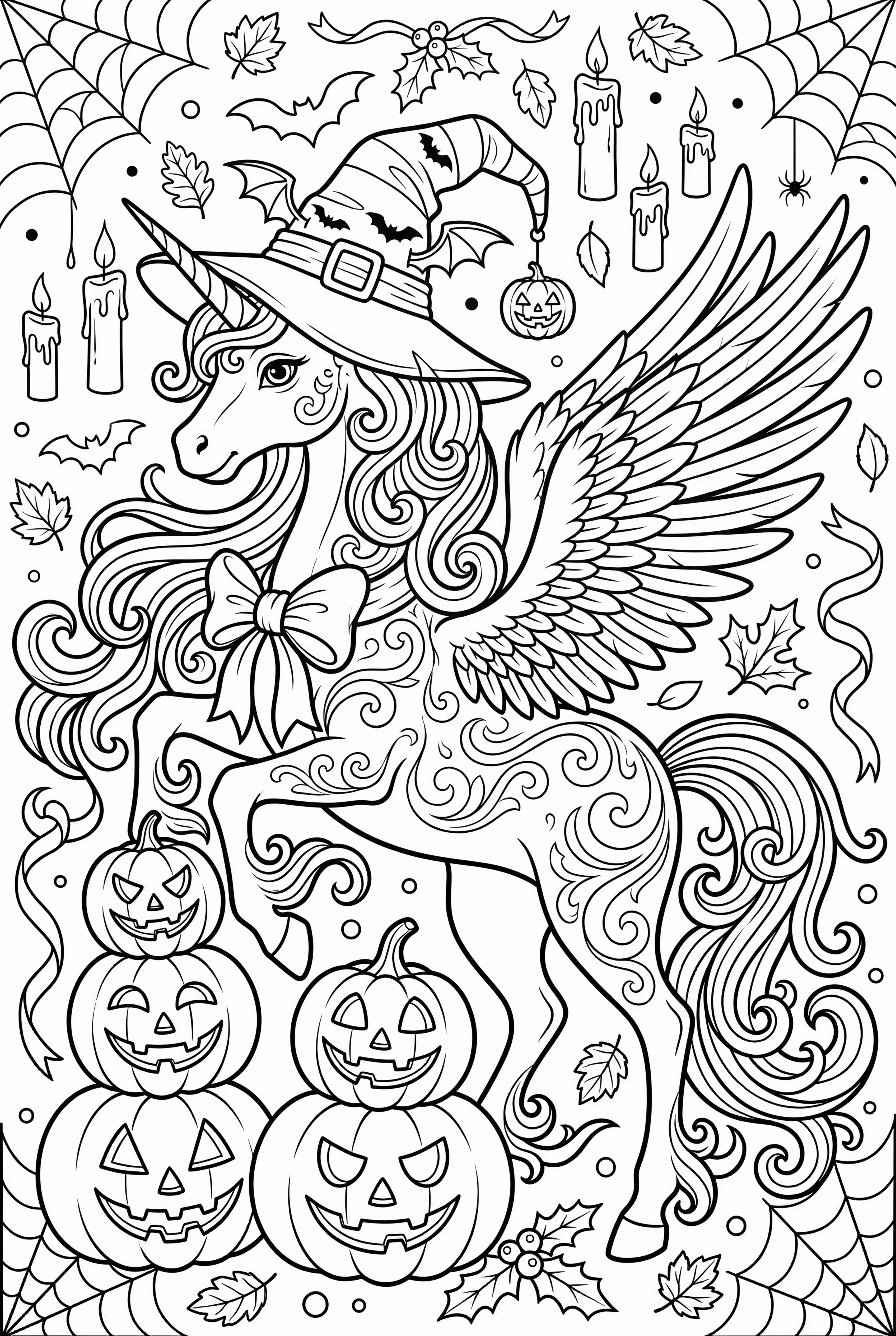 Einhorn Halloween zwischen schwebenden Kerzen