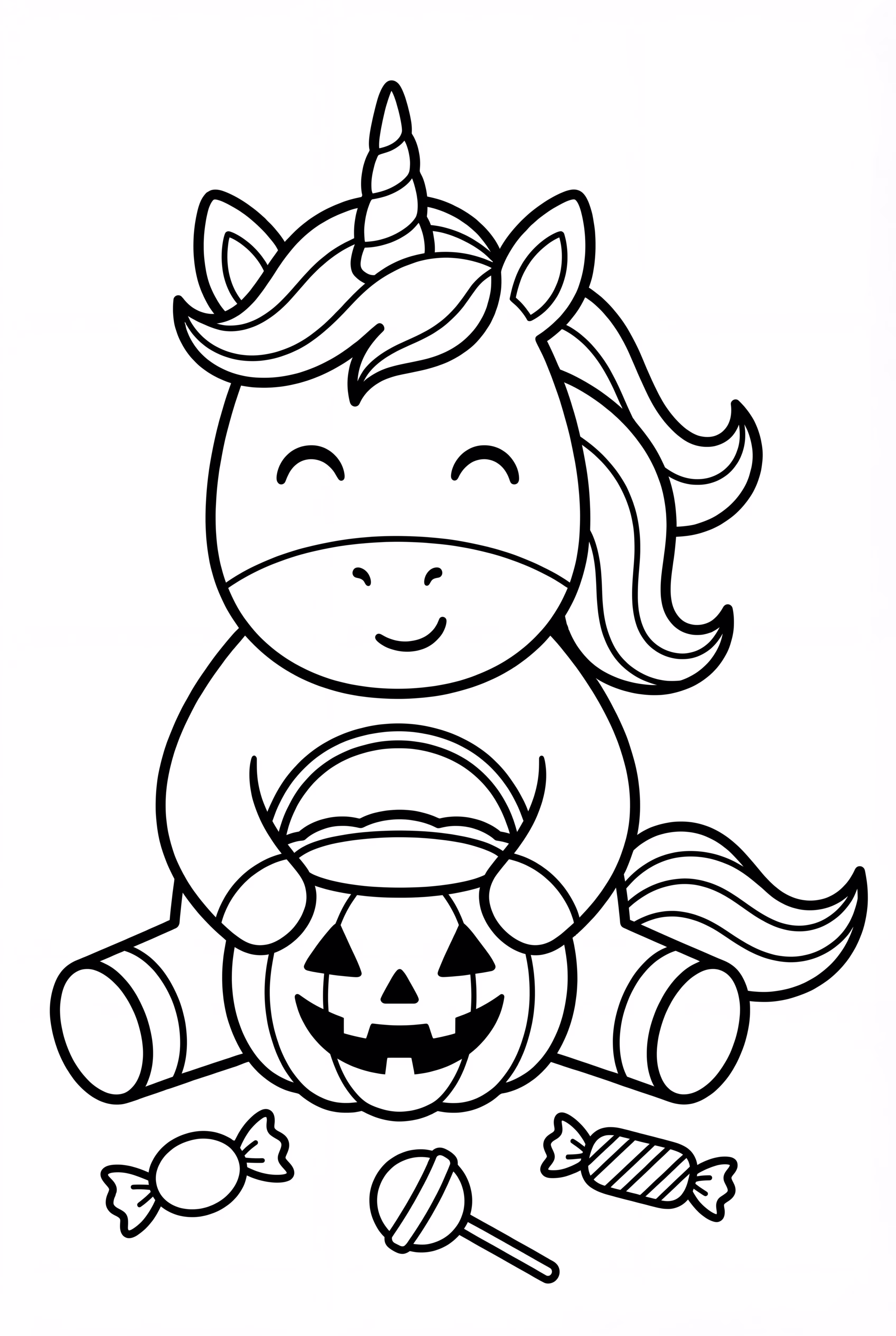 Einhorngestalt zu Halloween isst Halloween-Bonbons