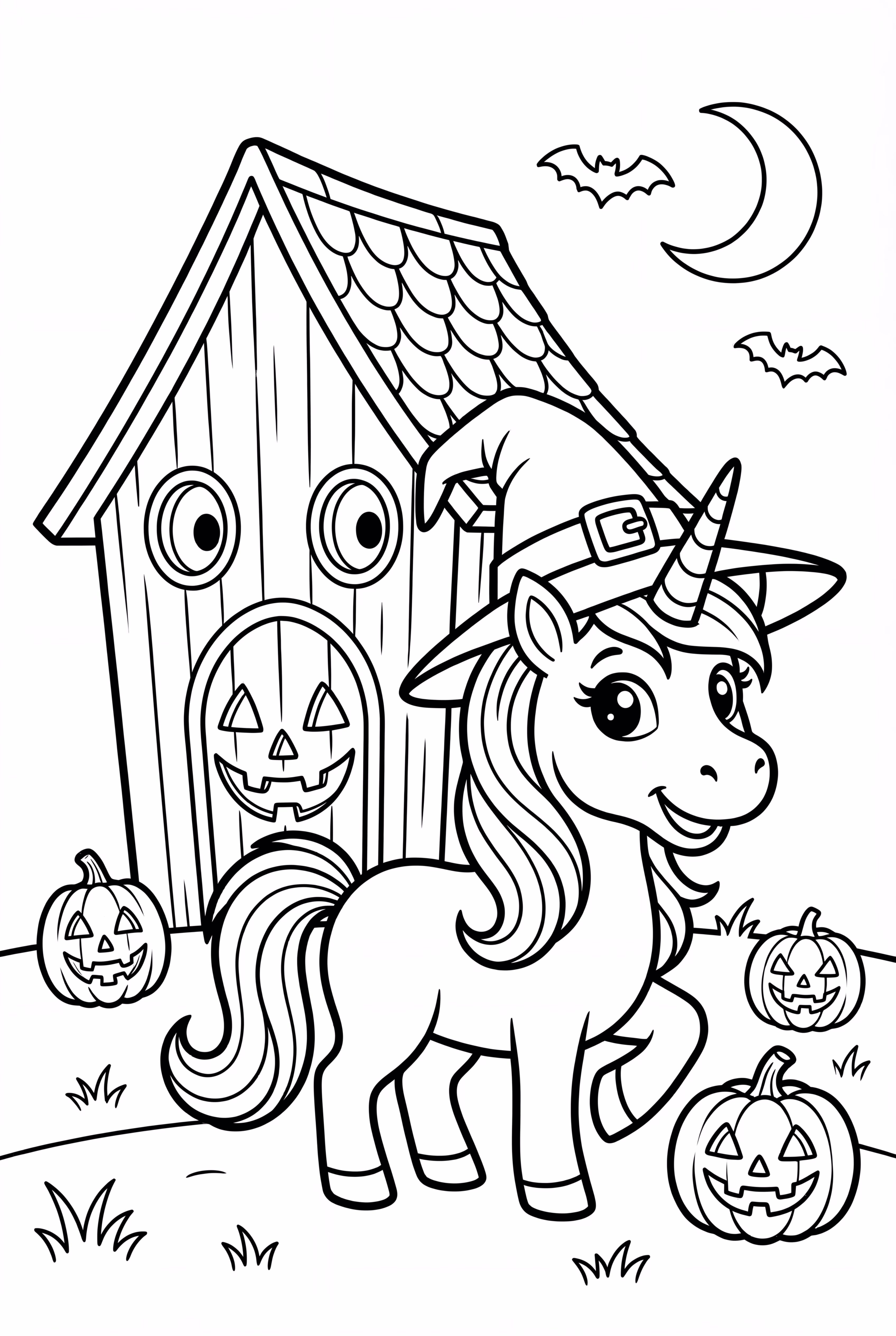 Unicorn Halloween Near A Haunted House