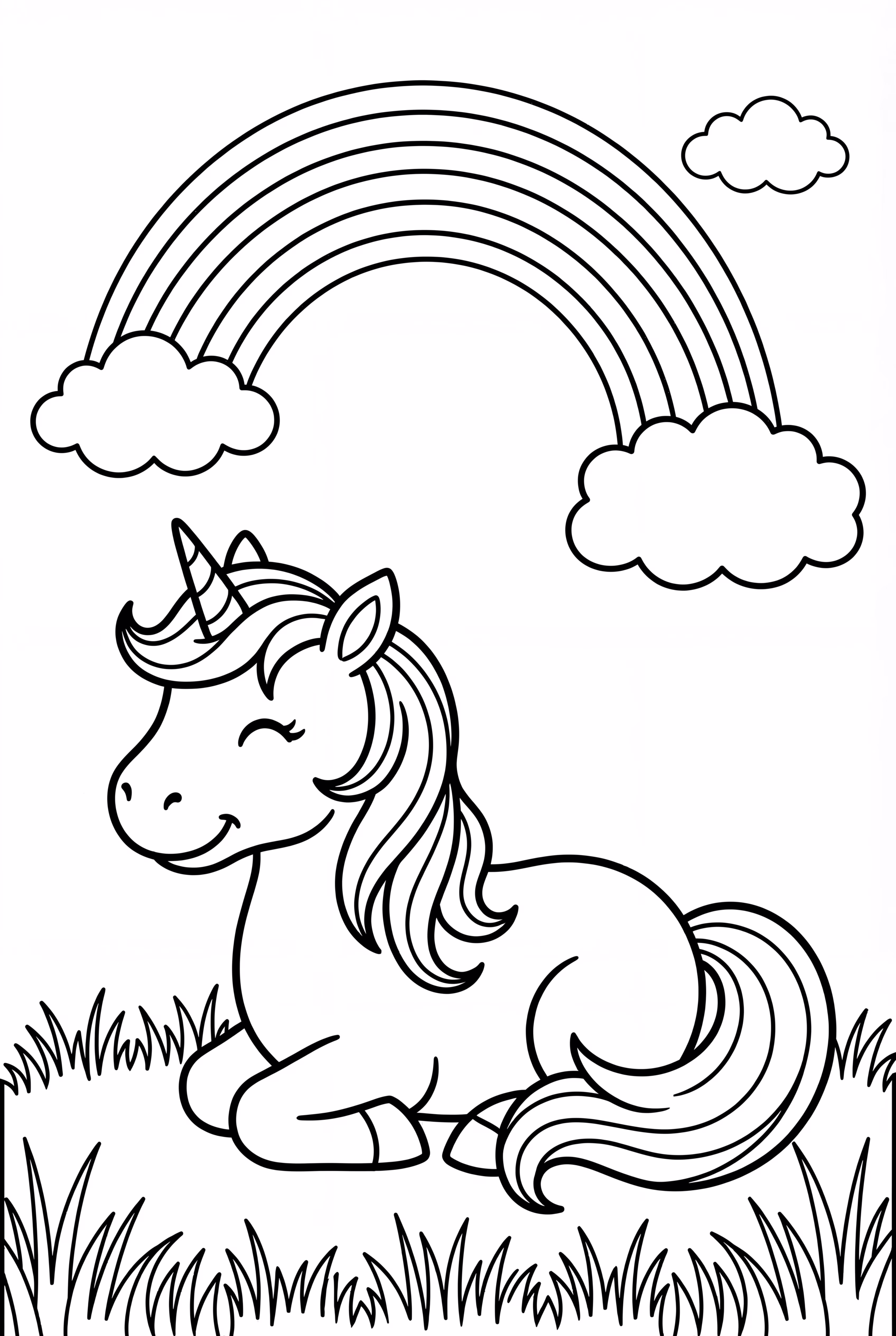 Unicorn resting under a rainbow on grassland