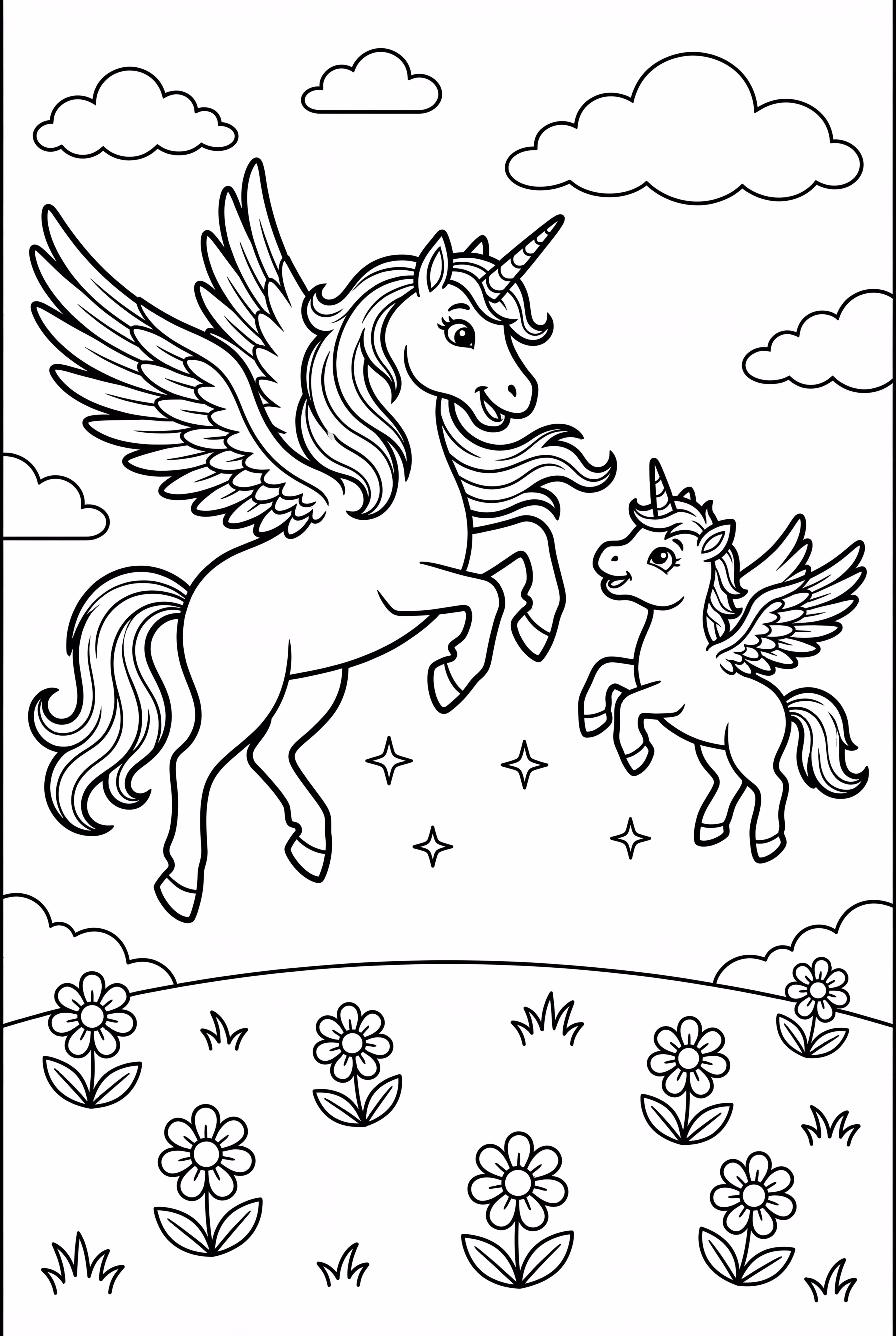 유니콘이 아기 유니콘에게 나는 법 가르치기