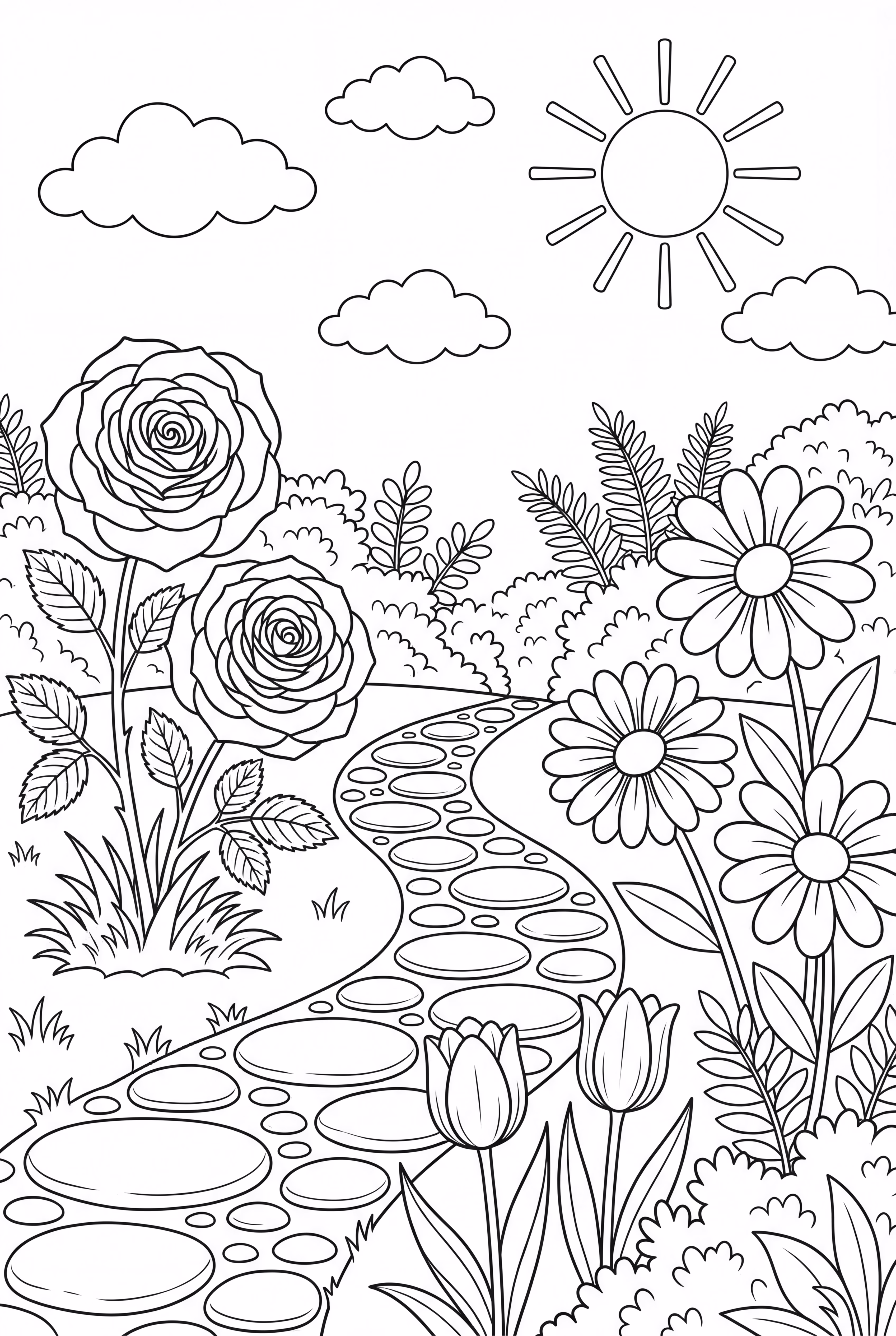 Jardín de Flores Vintage con Sendero de Piedra