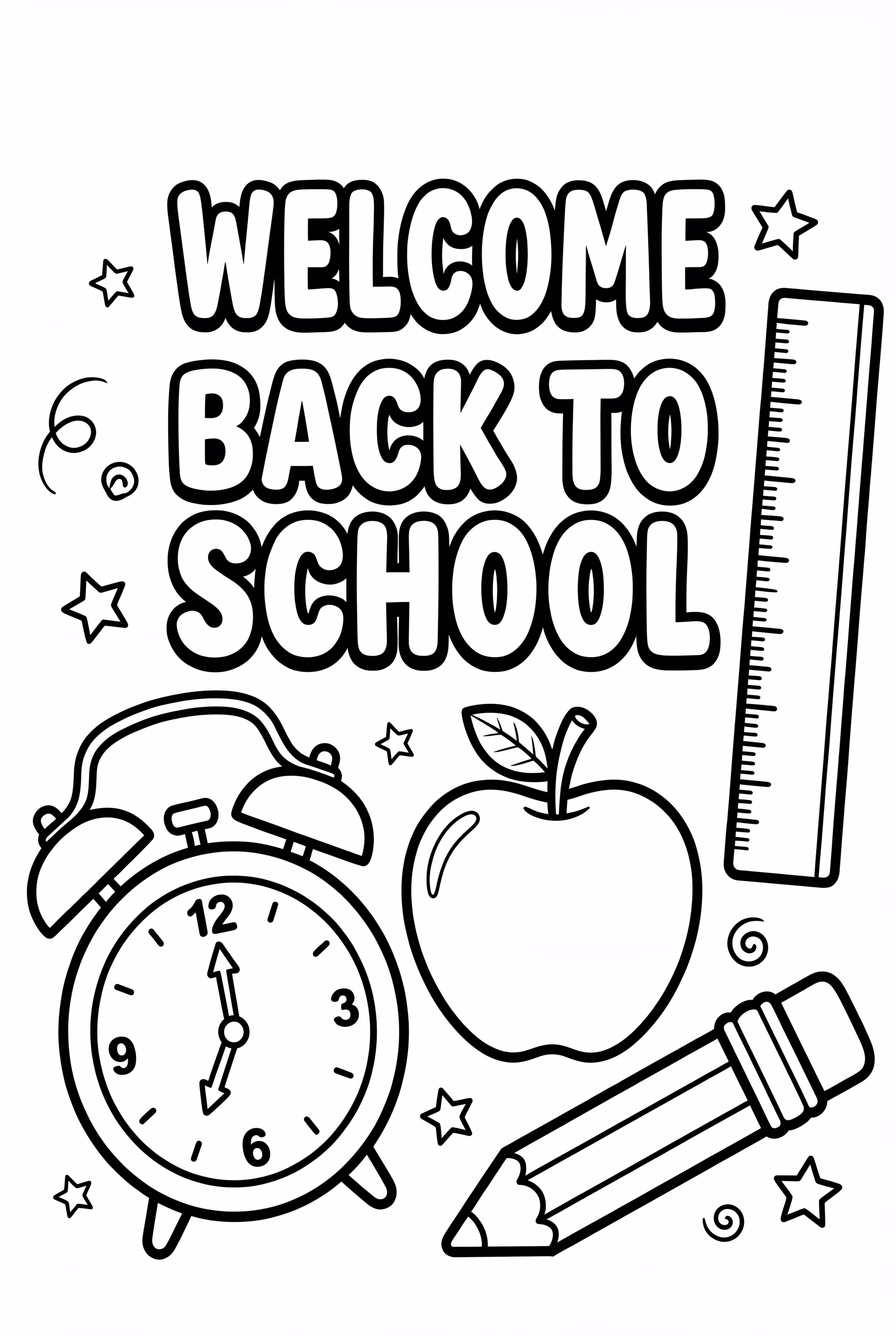 Cartel de bienvenida al regreso a clases con reloj y regla